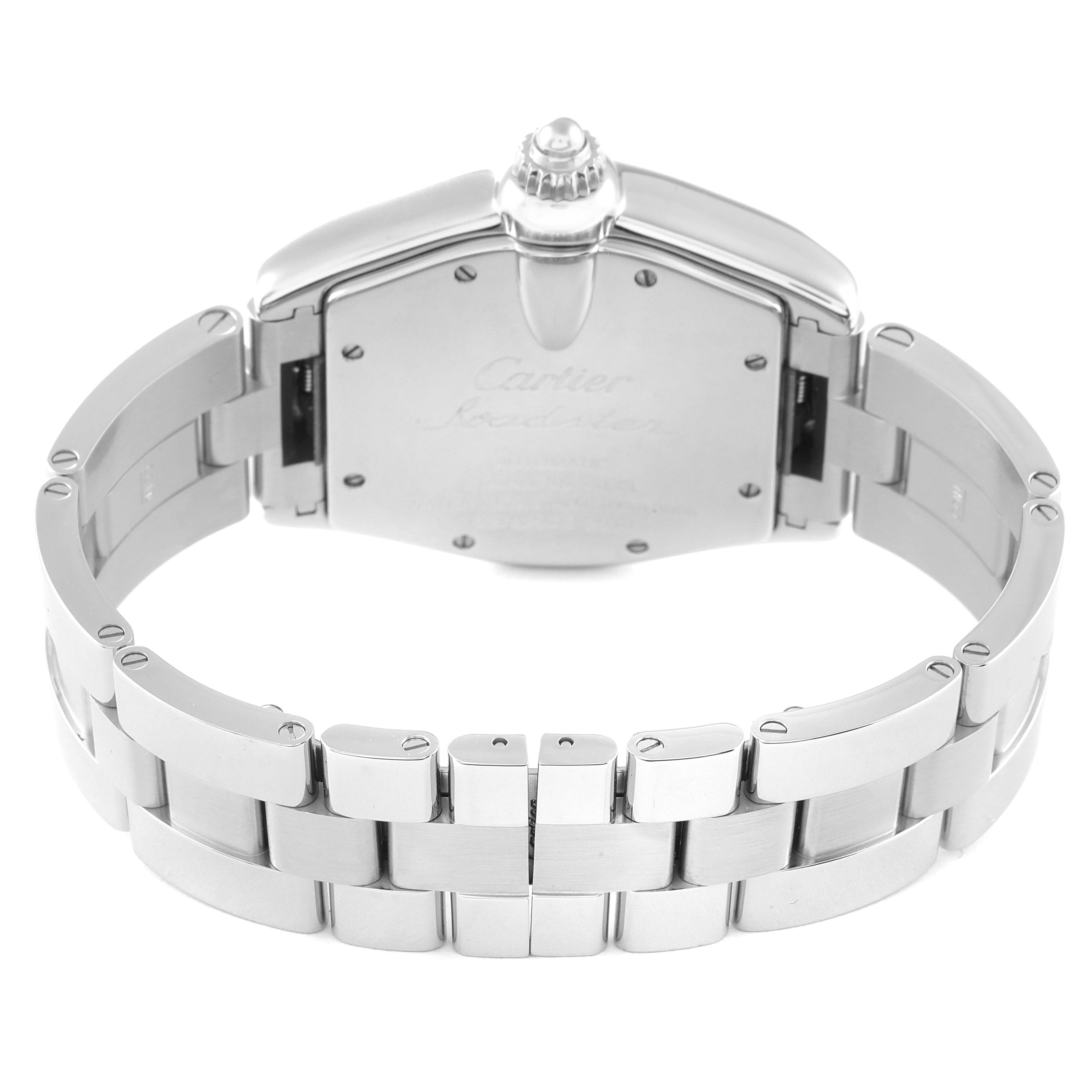 This image shows the back view of a Cartier Roadster W62025V3 Men's Stainless Steel Silver Dial W62025V3 Men's Stainless Steel Silver Dial watch, highlighting the case back and stainless steel bracelet.