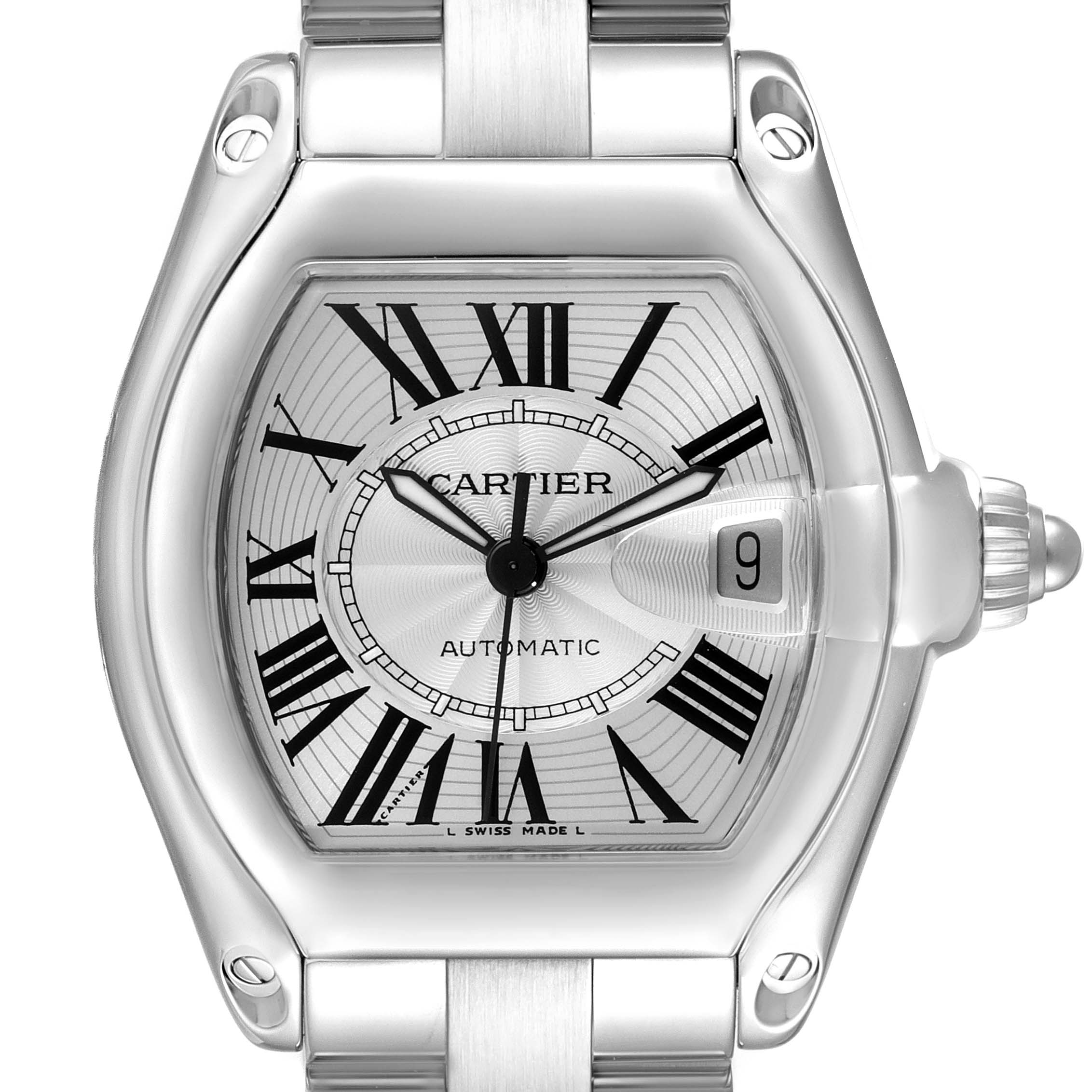 The image shows a front view of the Cartier Roadster W62025V3 Men's Stainless Steel Silver Dial W62025V3 Men's Stainless Steel Silver Dial watch face and bracelet.