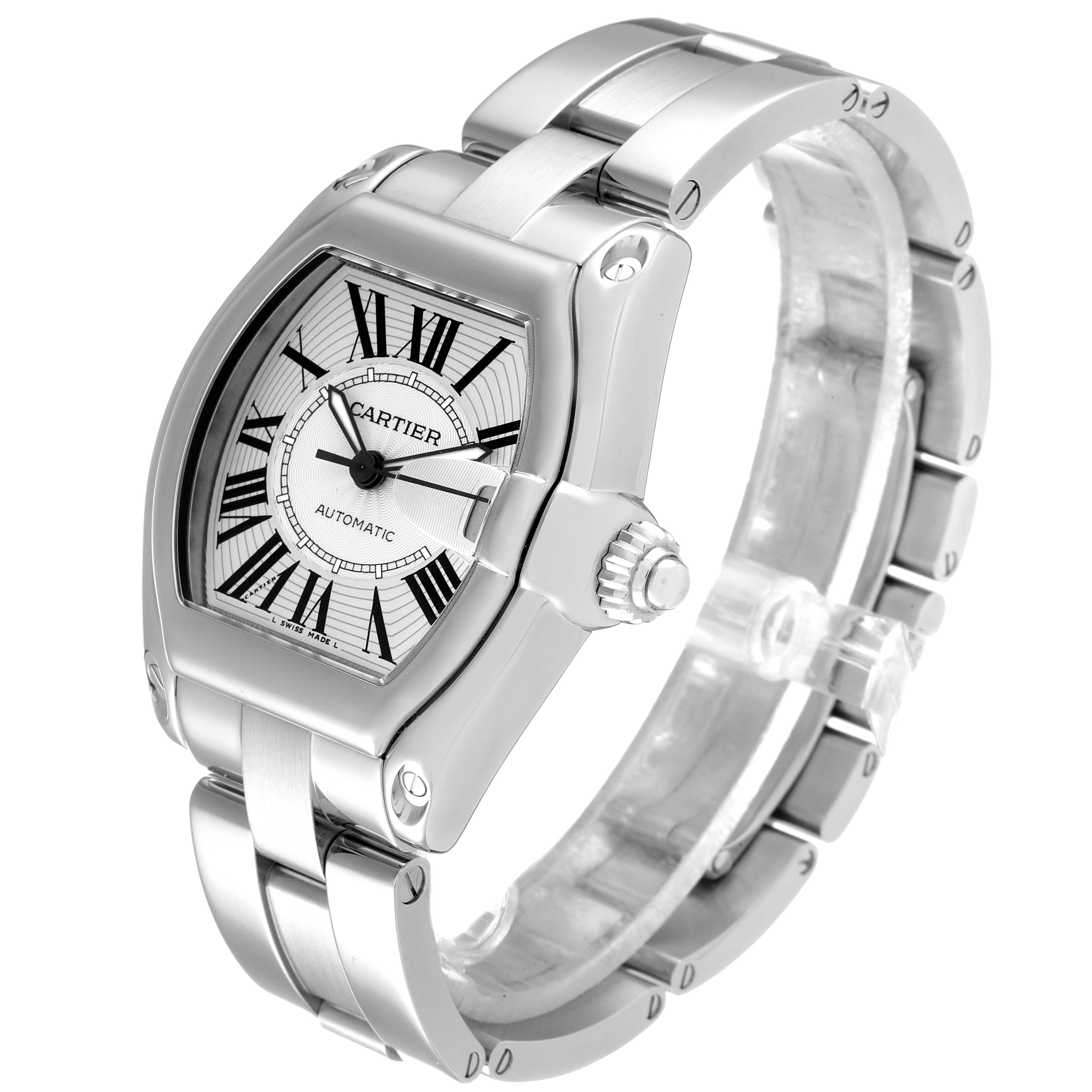 The Cartier Roadster W62025V3 Men's Stainless Steel Silver Dial W62025V3 Men's Stainless Steel Silver Dial watch is shown at a front angle, featuring its face, crown, and stainless steel bracelet.