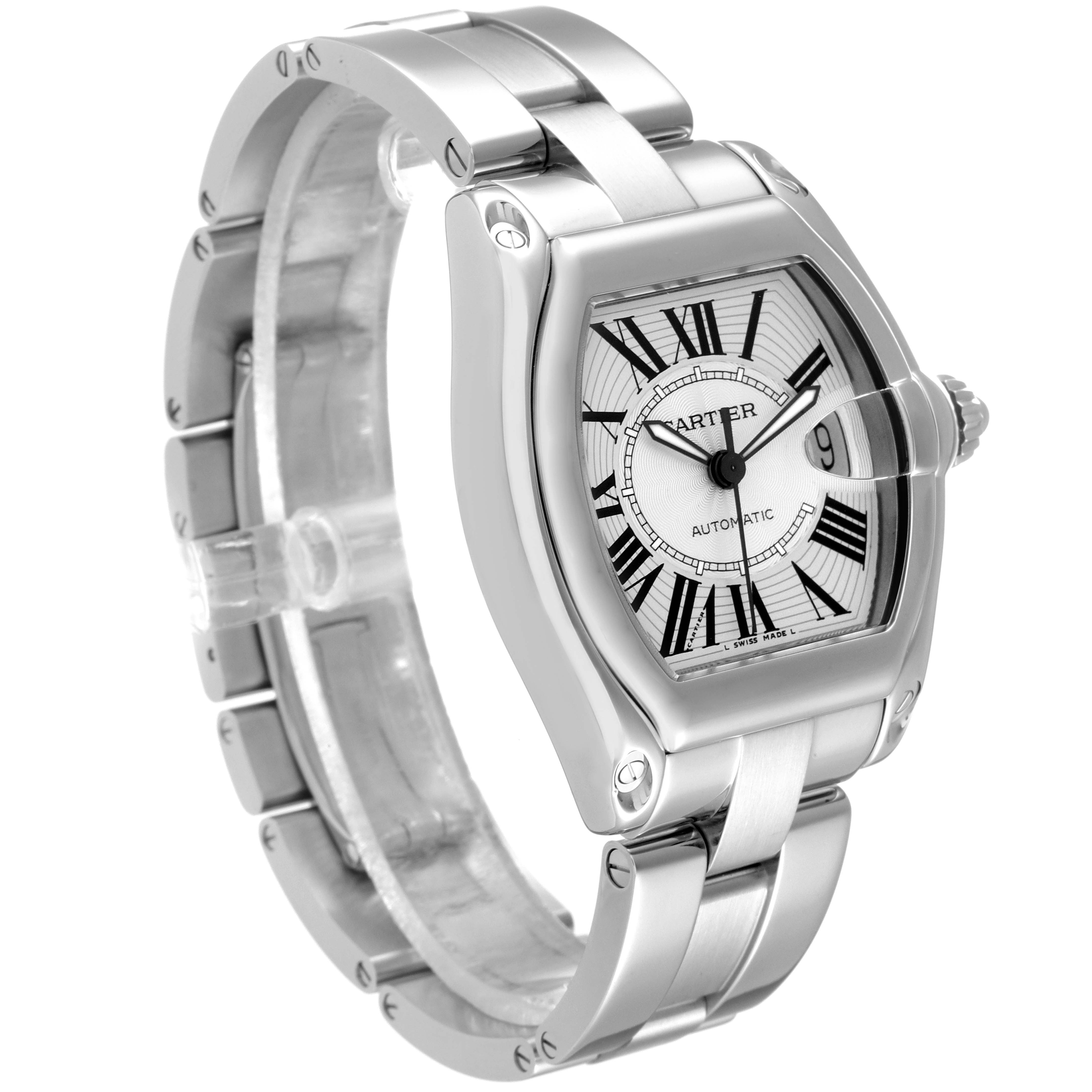 This image shows a Cartier Roadster W62025V3 Men's Stainless Steel Silver Dial W62025V3 Men's Stainless Steel Silver Dial watch at a slight angle, highlighting its face and metal link bracelet.