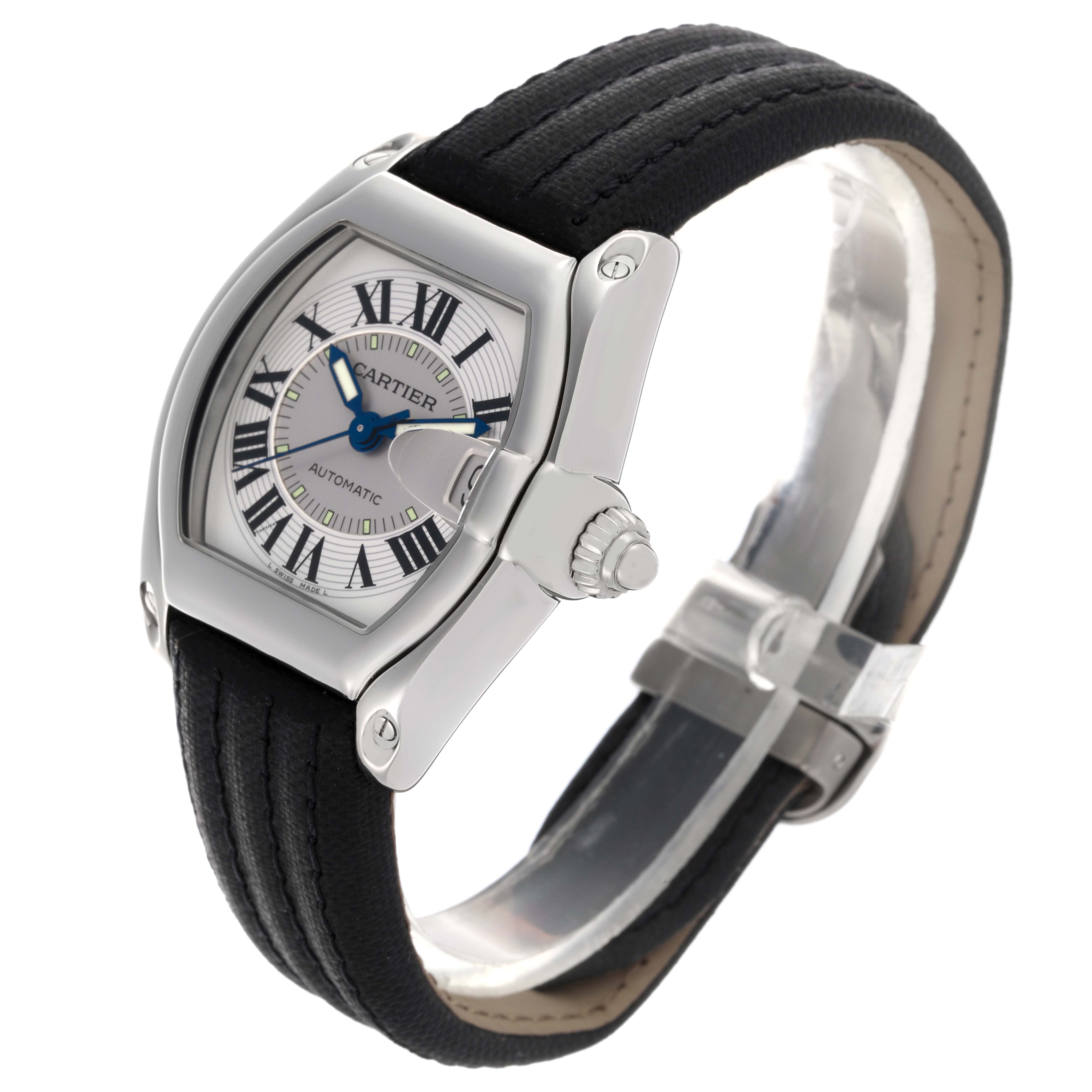 The Cartier Roadster W62000V3 Men's Stainless Steel Silver Dial W62000V3 Men's Stainless Steel Silver Dial watch is shown at an angled view, displaying the dial, crown, and black strap.