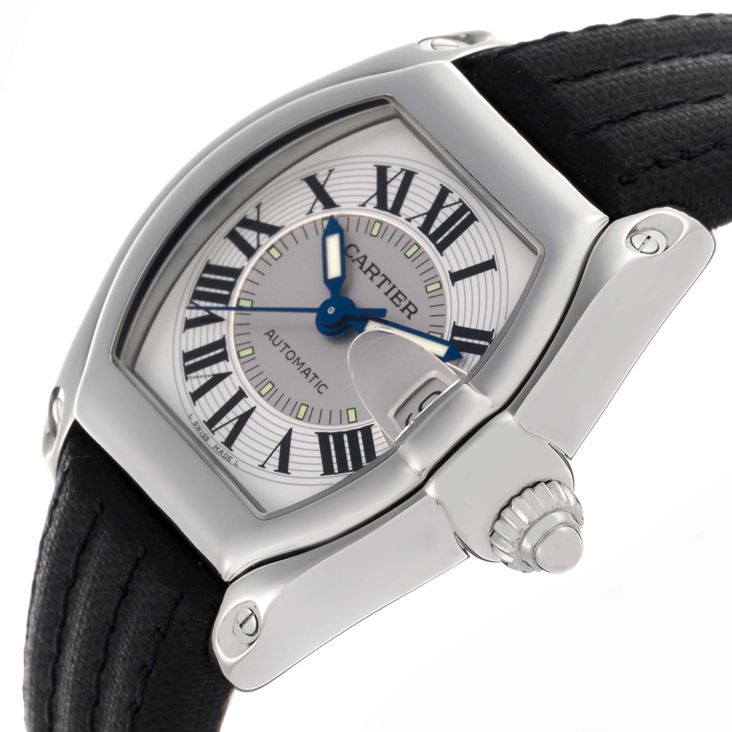 The Cartier Roadster W62000V3 Men's Stainless Steel Silver Dial W62000V3 Men's Stainless Steel Silver Dial watch is shown at a slight angle, highlighting the dial, case, crown, and leather strap.