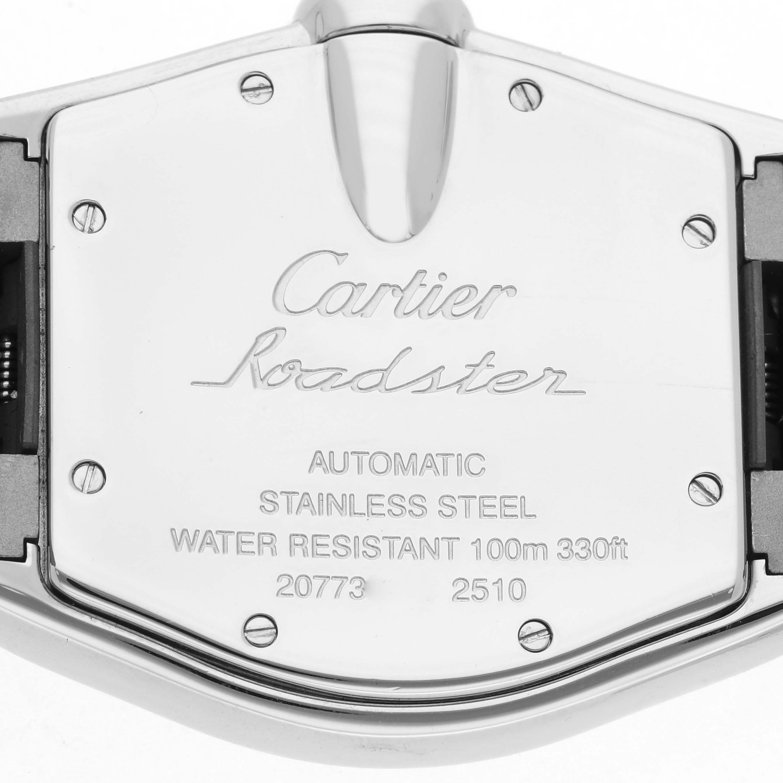The image shows the back case of a Cartier Roadster W62000V3 Men's Stainless Steel Silver Dial W62000V3 Men's Stainless Steel Silver Dial, highlighting the brand and model, material, and water resistance.