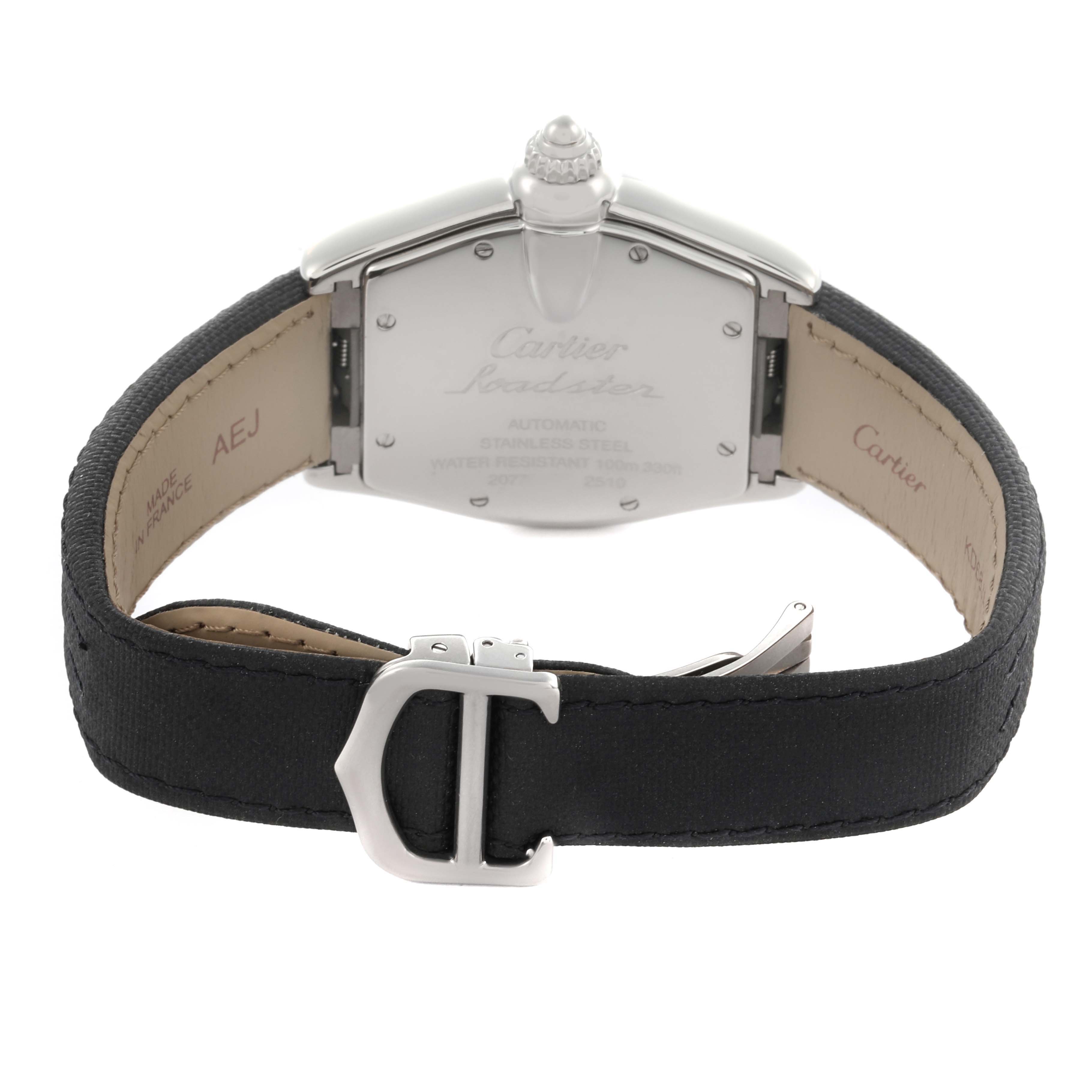 The Cartier Roadster W62000V3 Men's Stainless Steel Silver Dial W62000V3 Men's Stainless Steel Silver Dial watch is shown from the back, highlighting the case, crown, and leather strap.