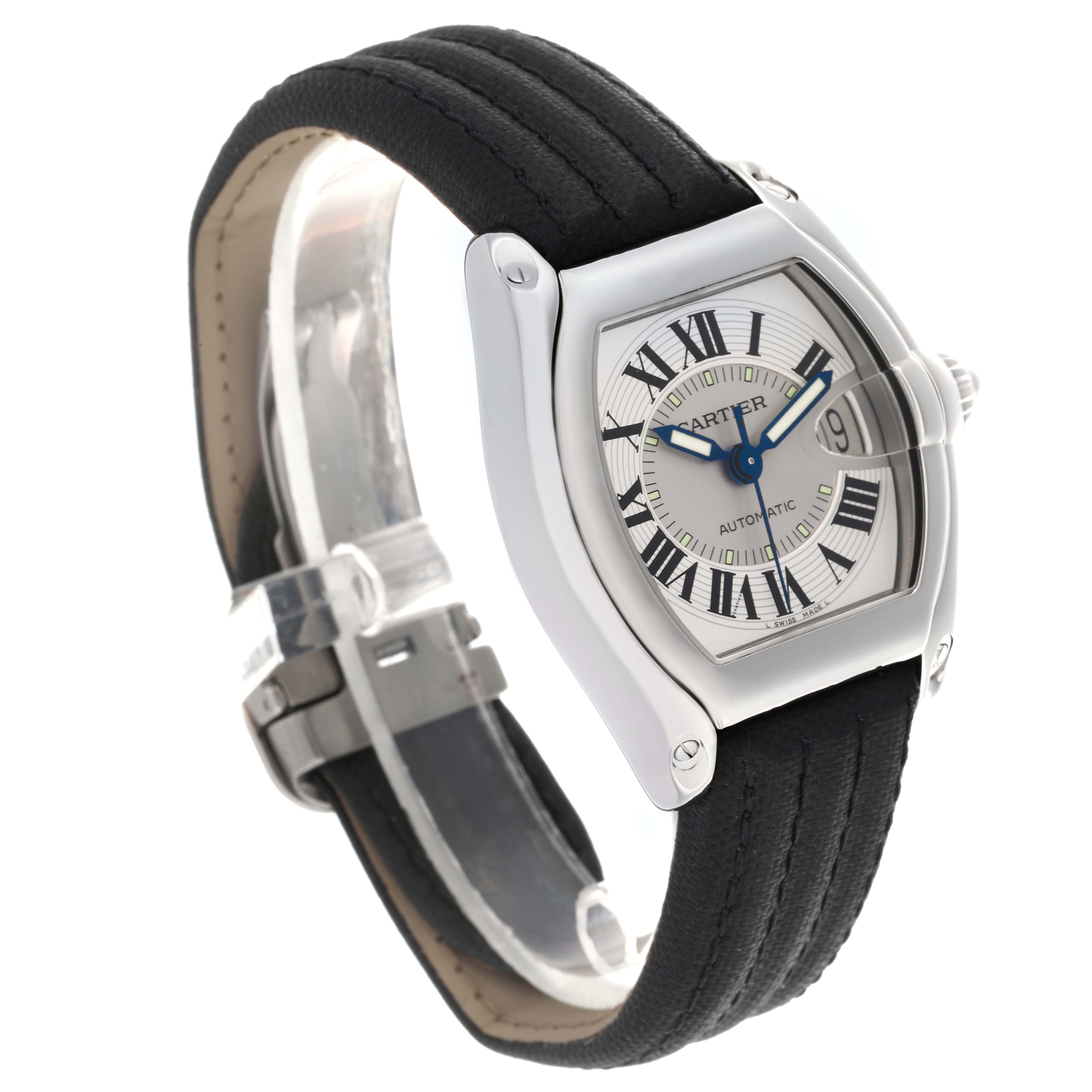 The Cartier Roadster W62000V3 Men's Stainless Steel Silver Dial W62000V3 Men's Stainless Steel Silver Dial watch is shown at a side angle, highlighting the case, crown, face, and strap.