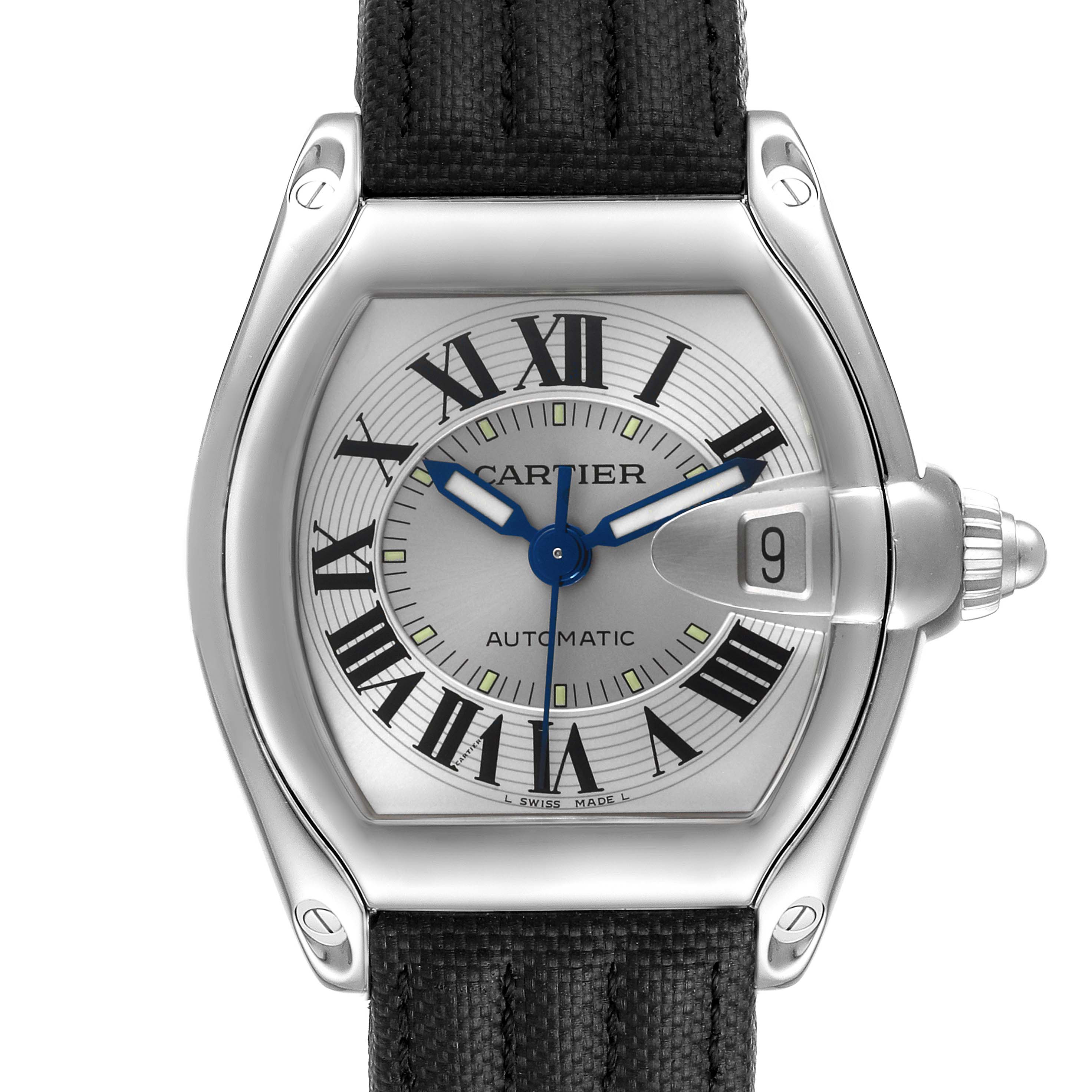 The Cartier Roadster W62000V3 Men's Stainless Steel Silver Dial W62000V3 Men's Stainless Steel Silver Dial watch is shown from the front, displaying the dial, case, numerals, and strap attachment.