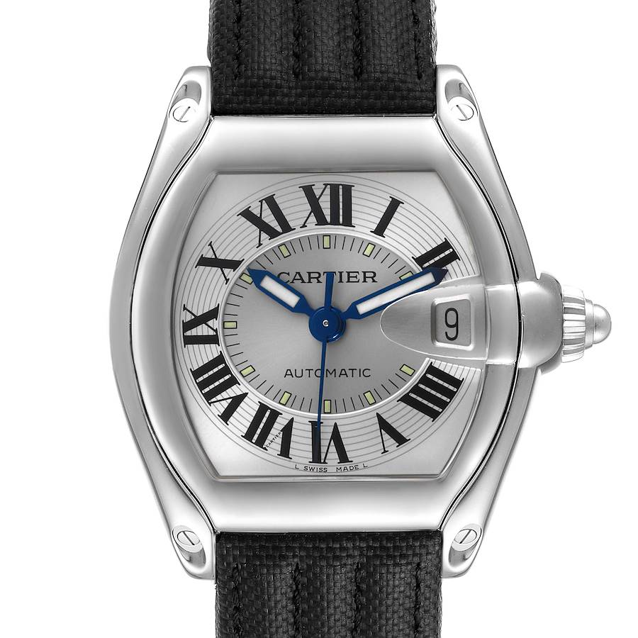 The Cartier Roadster watch is shown from the front, displaying the dial, case, numerals, and strap attachment.