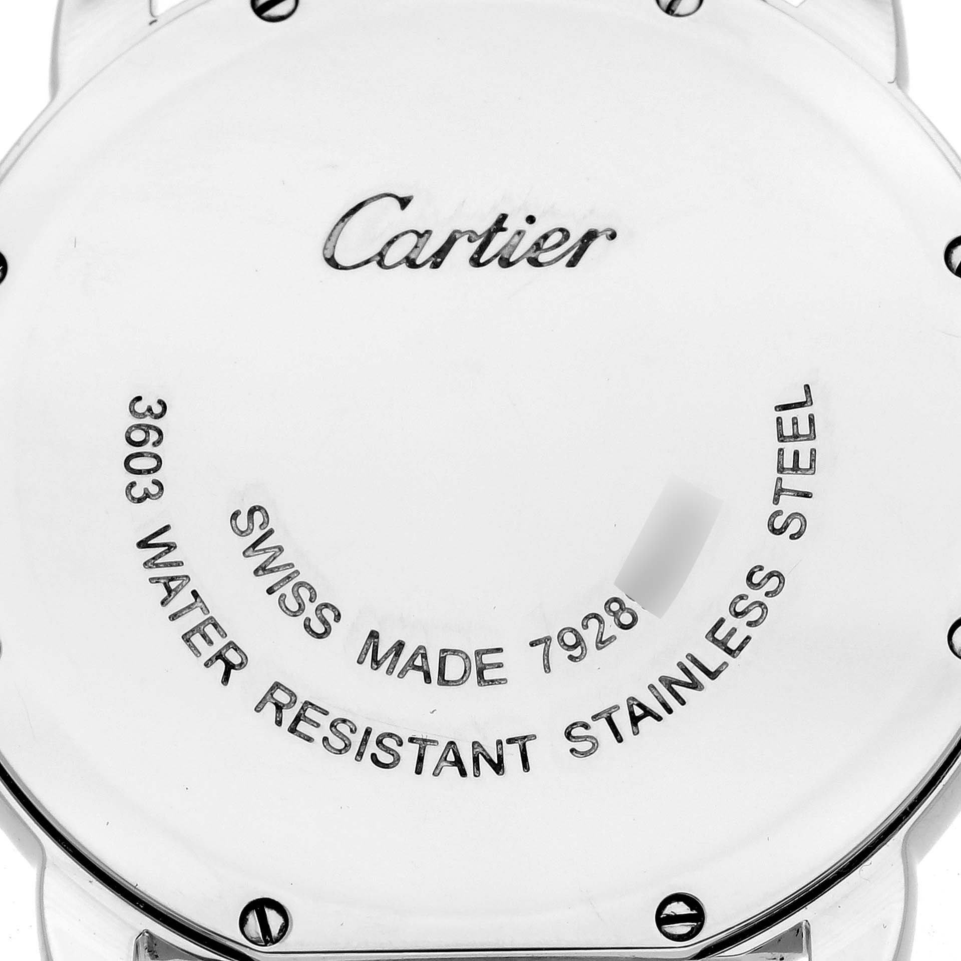The image shows the back case of a Cartier Ronde W6701005 Men's Stainless Steel Silver Dial W6701005 Men's Stainless Steel Silver Dial watch, featuring branding and specifications.