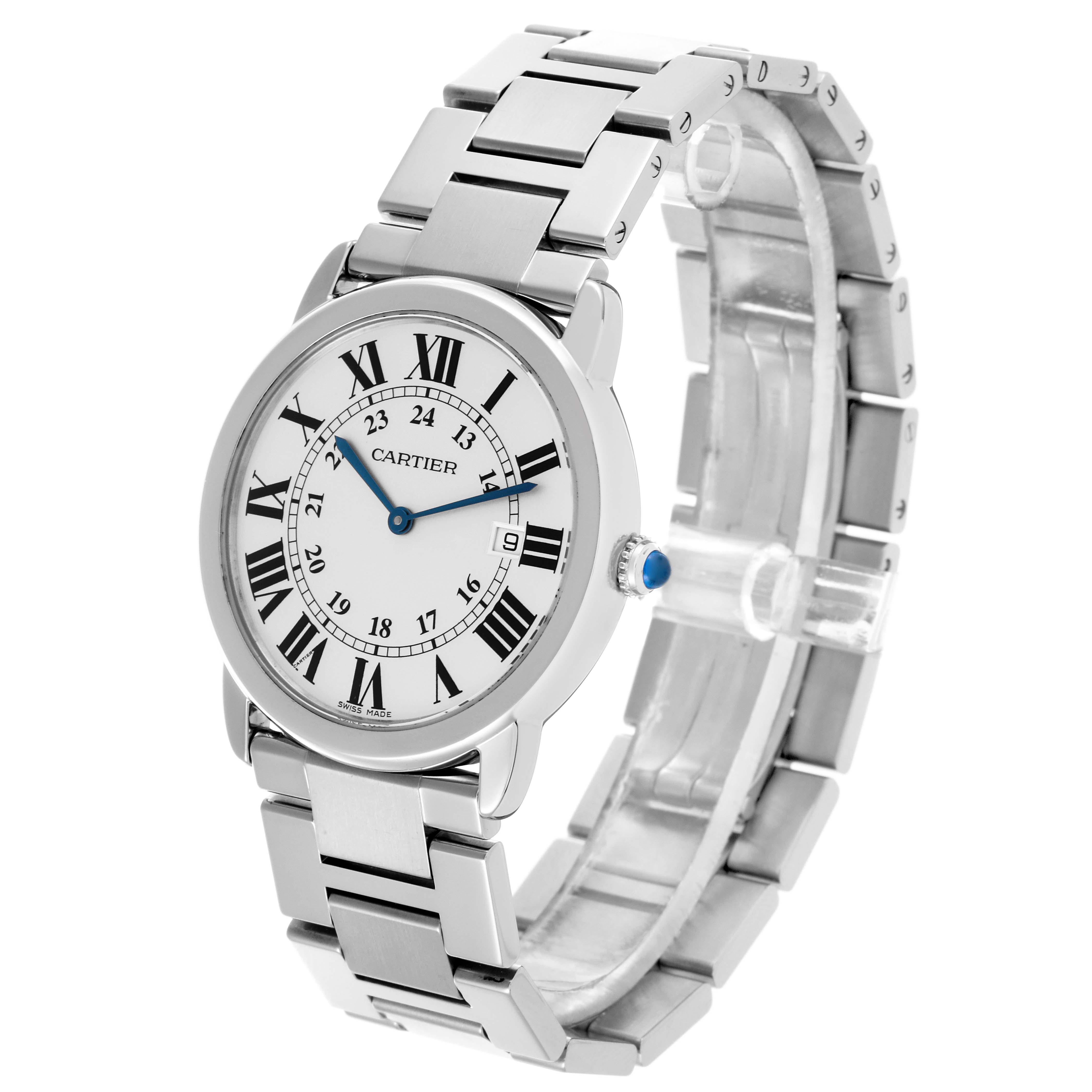 The Cartier Ronde W6701005 Men's Stainless Steel Silver Dial W6701005 Men's Stainless Steel Silver Dial watch is shown at a slight angle displaying the face, bezel, crown, and part of the bracelet.