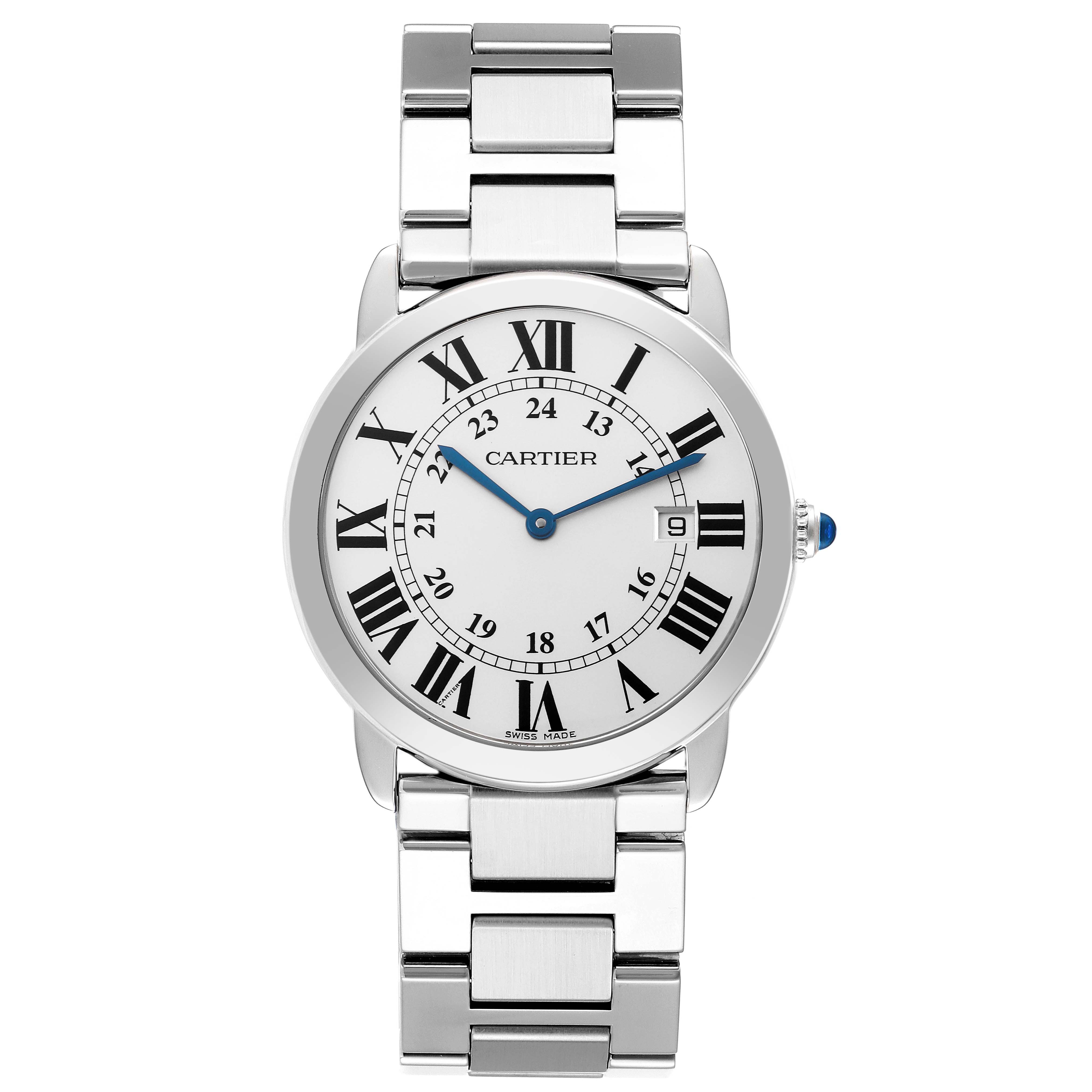 The Cartier Ronde W6701005 Men's Stainless Steel Silver Dial W6701005 Men's Stainless Steel Silver Dial watch is shown from a top view, displaying the round face, Roman numerals, and metal bracelet.