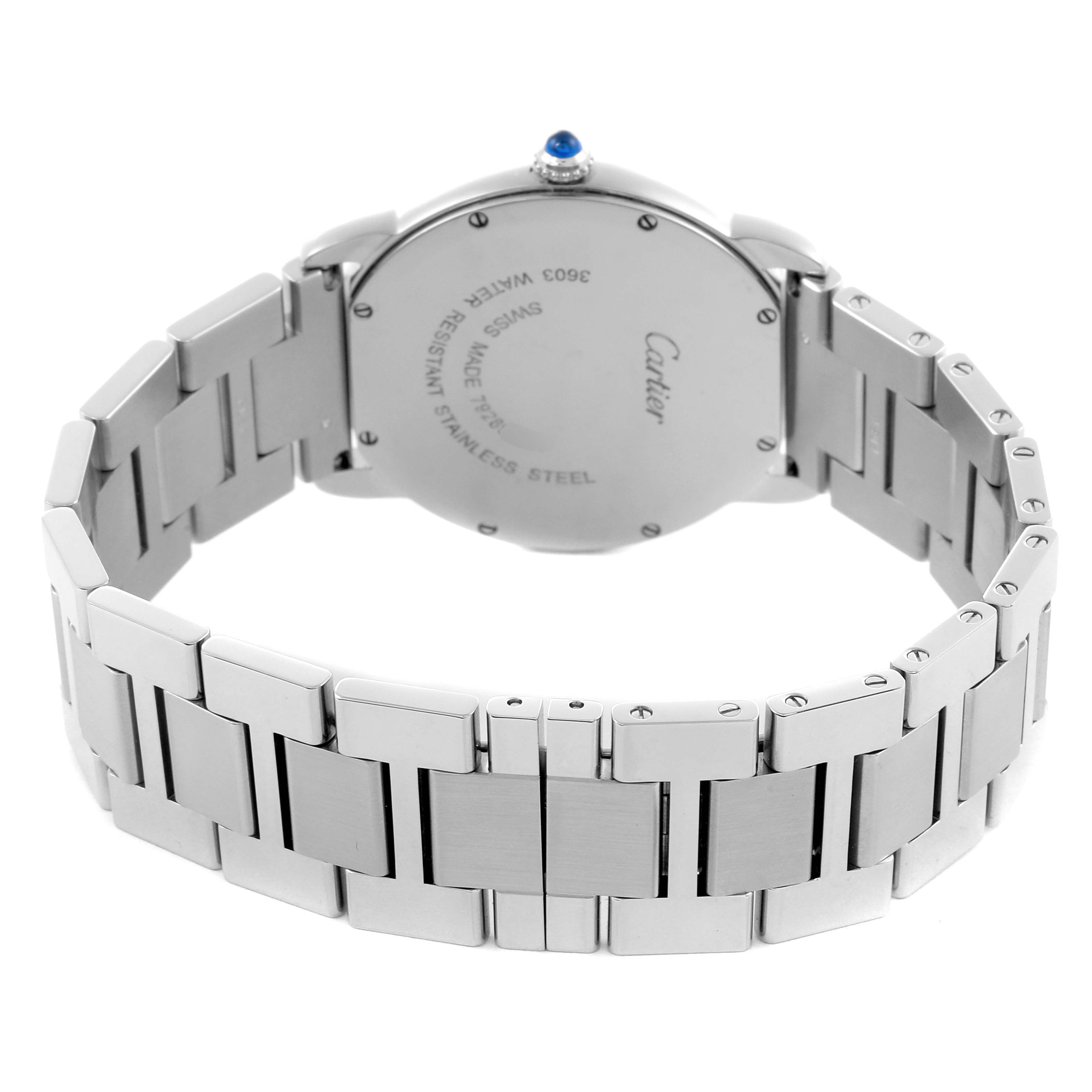 The Cartier Ronde W6701005 Men's Stainless Steel Silver Dial W6701005 Men's Stainless Steel Silver Dial watch is shown from the back, highlighting its stainless steel case and bracelet.