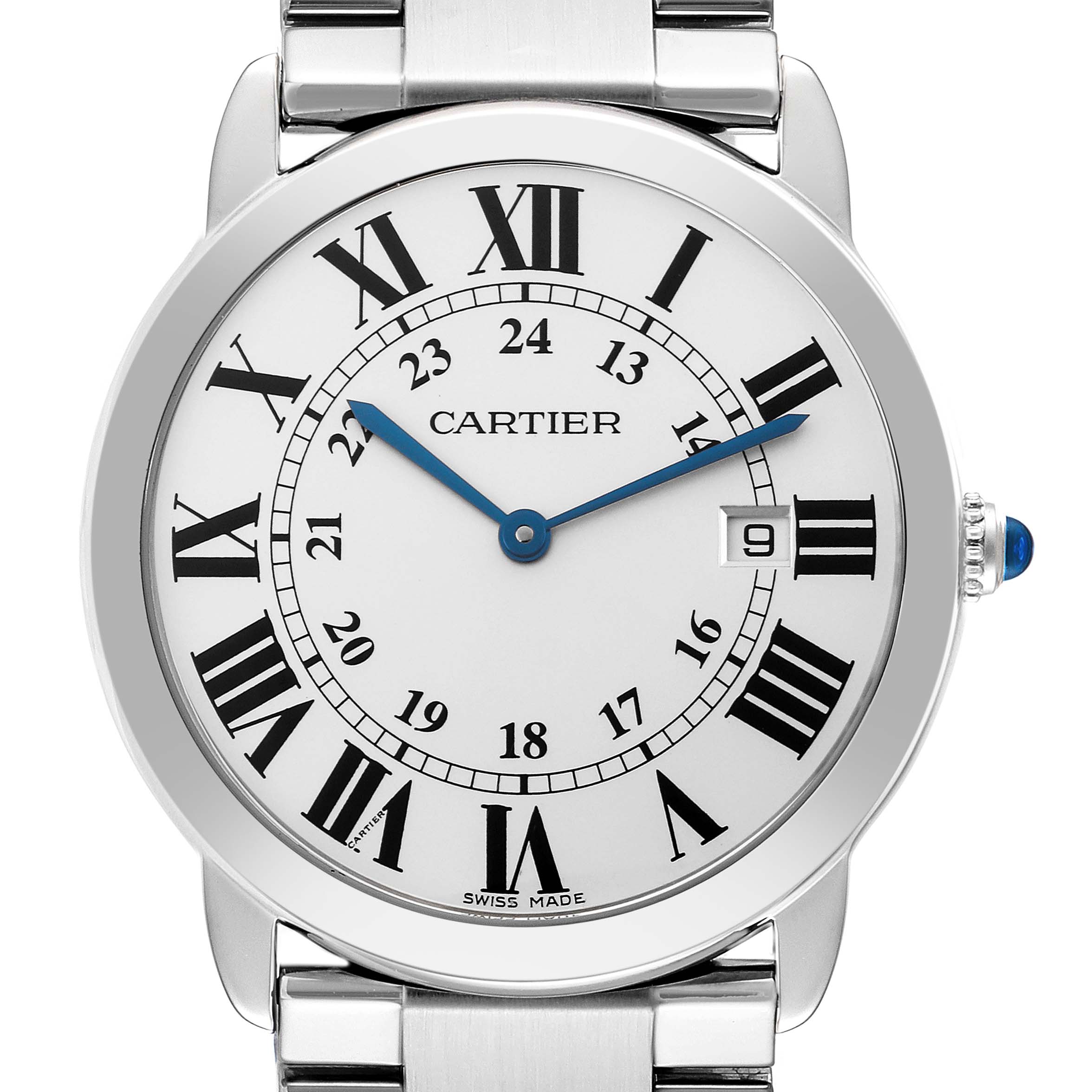 The Cartier Ronde W6701005 Men's Stainless Steel Silver Dial W6701005 Men's Stainless Steel Silver Dial watch is shown from a front angle displaying its face, Roman numerals, and date window.