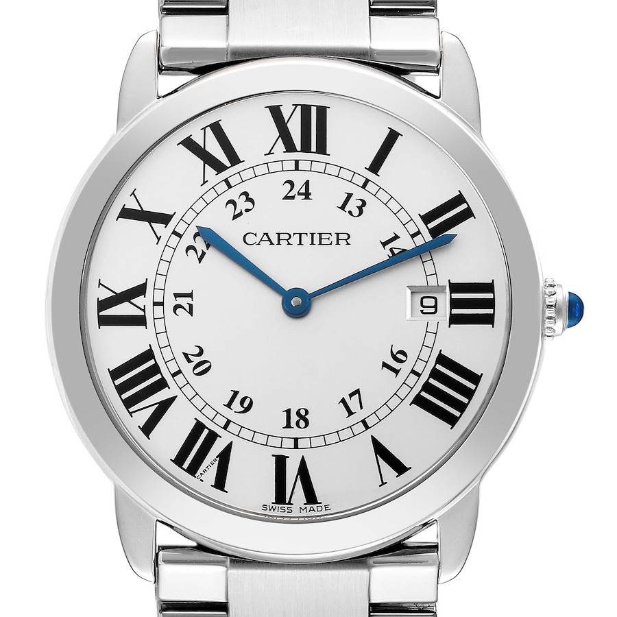 The Cartier Ronde watch is shown from a front angle displaying its face, Roman numerals, and date window.