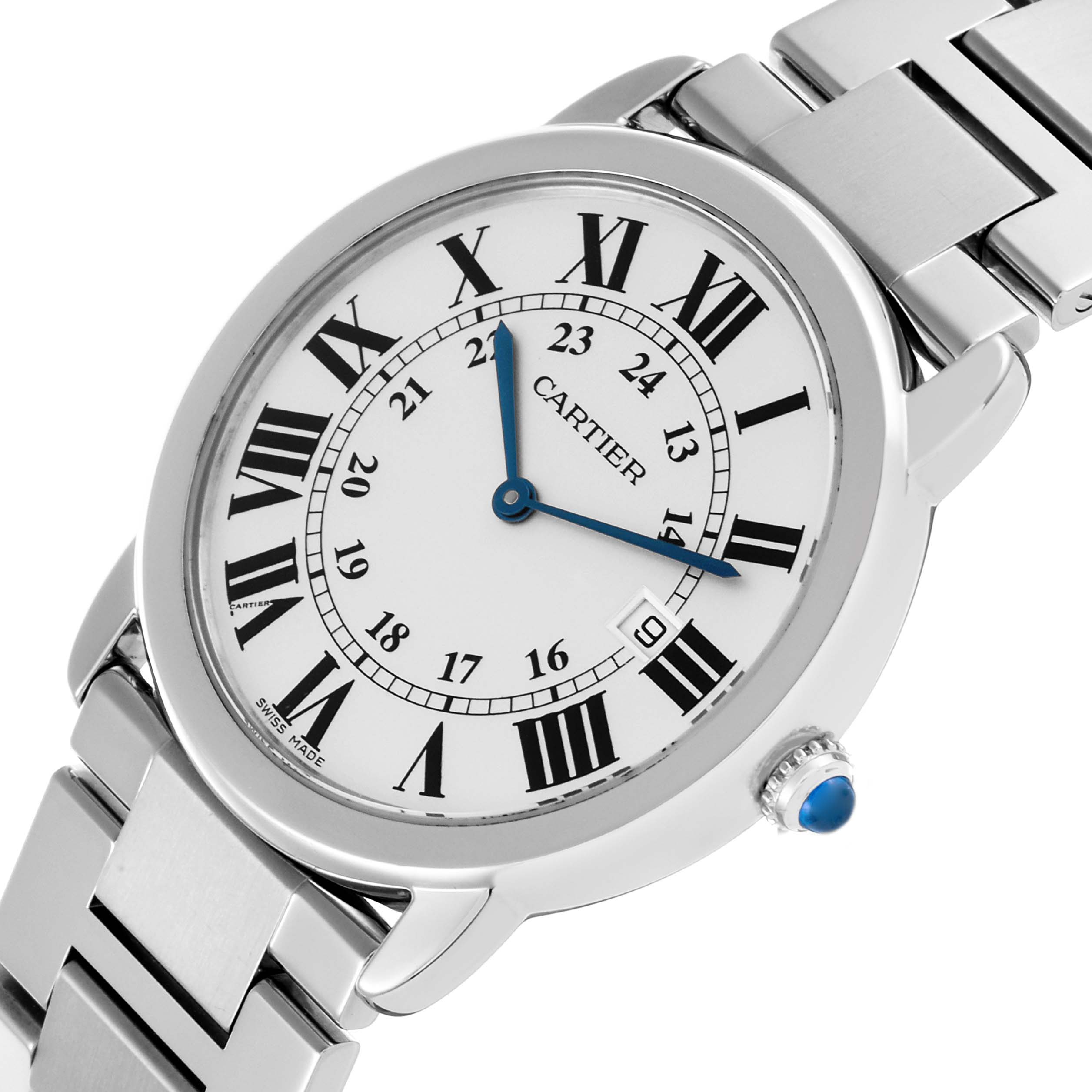 The Cartier Ronde W6701005 Men's Stainless Steel Silver Dial W6701005 Men's Stainless Steel Silver Dial watch is shown at an angle highlighting the face, hands, bezel, crown, and part of the bracelet.