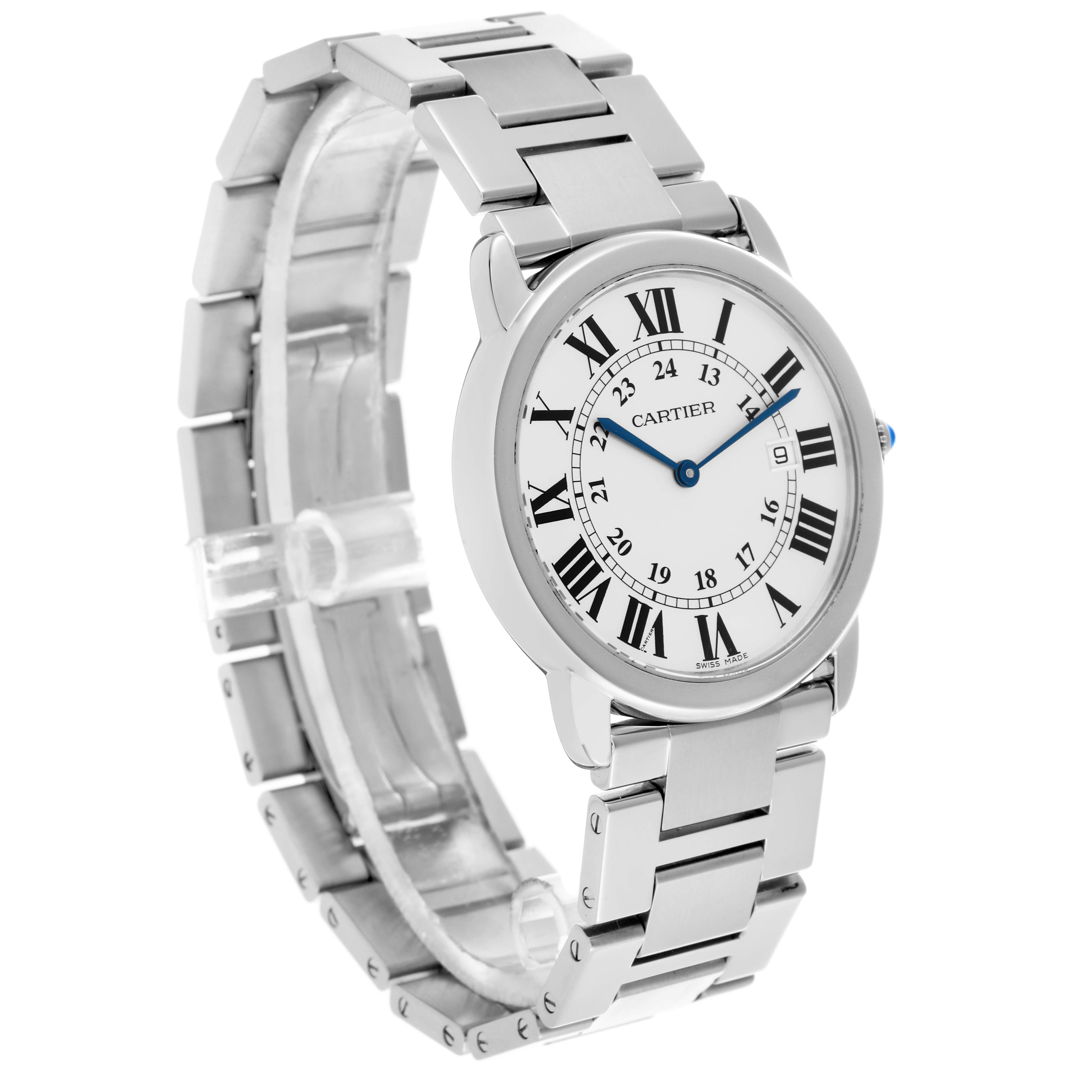 The Cartier Ronde W6701005 Men's Stainless Steel Silver Dial W6701005 Men's Stainless Steel Silver Dial watch is shown at an angled view, featuring the face, bracelet, and Roman numerals clearly.