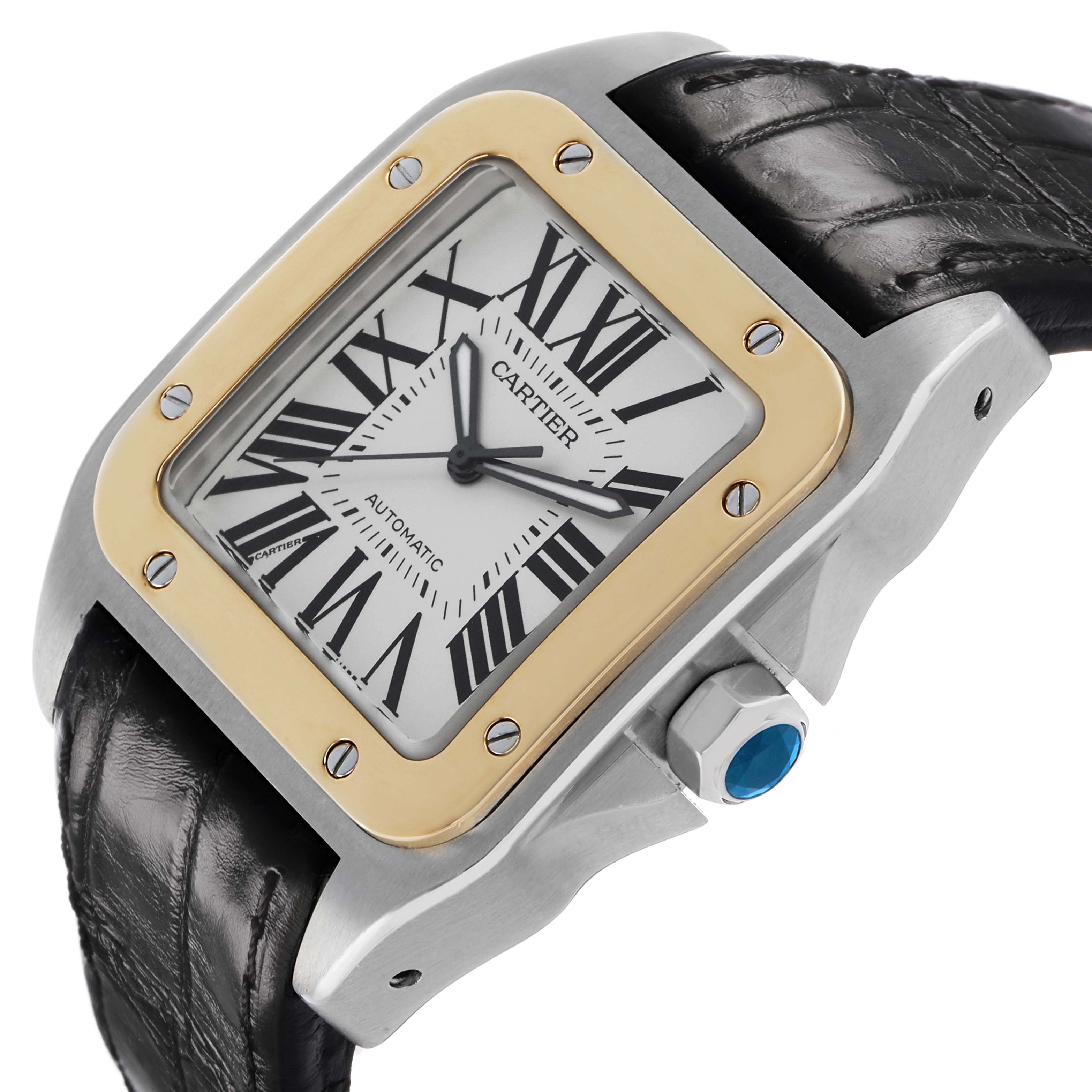 The Cartier Santos W20072X7 Men's Stainless Steel Silver Dial watch is shown at an angled view, displaying the case, bezel, dial, crown, and part of the strap.