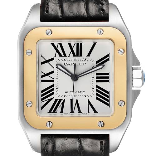 The Cartier Santos W20072X7 Men's Stainless Steel Silver Dial watch is shown from a frontal angle, highlighting the face, bezel, and part of the strap.