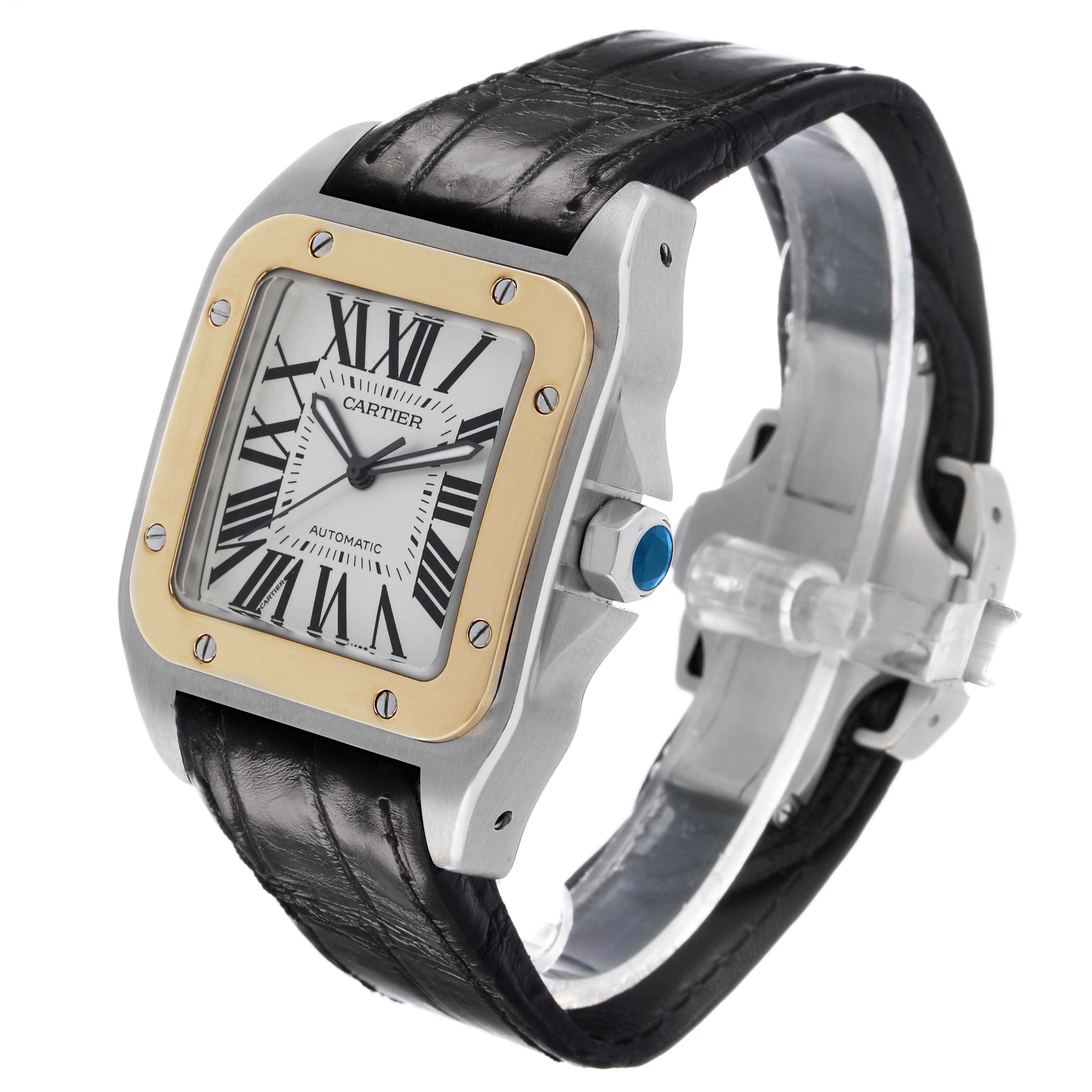 The Cartier Santos W20072X7 Men's Stainless Steel Silver Dial watch is shown at a three-quarter angle, highlighting the face, bezel, crown, and black leather strap.
