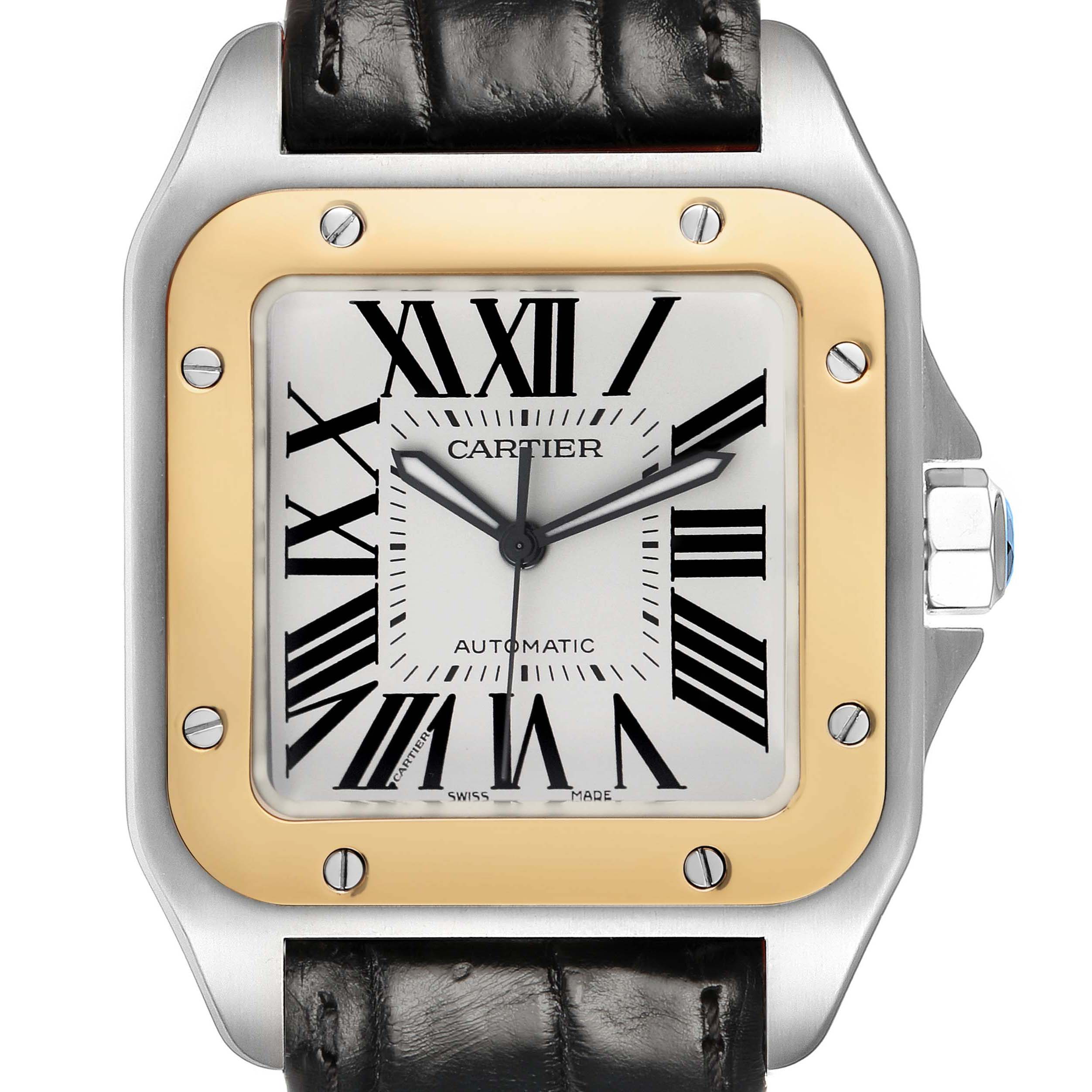 The Cartier Santos W20072X7 Men's Stainless Steel Silver Dial watch is shown from the front, highlighting its face, bezel, and leather strap.