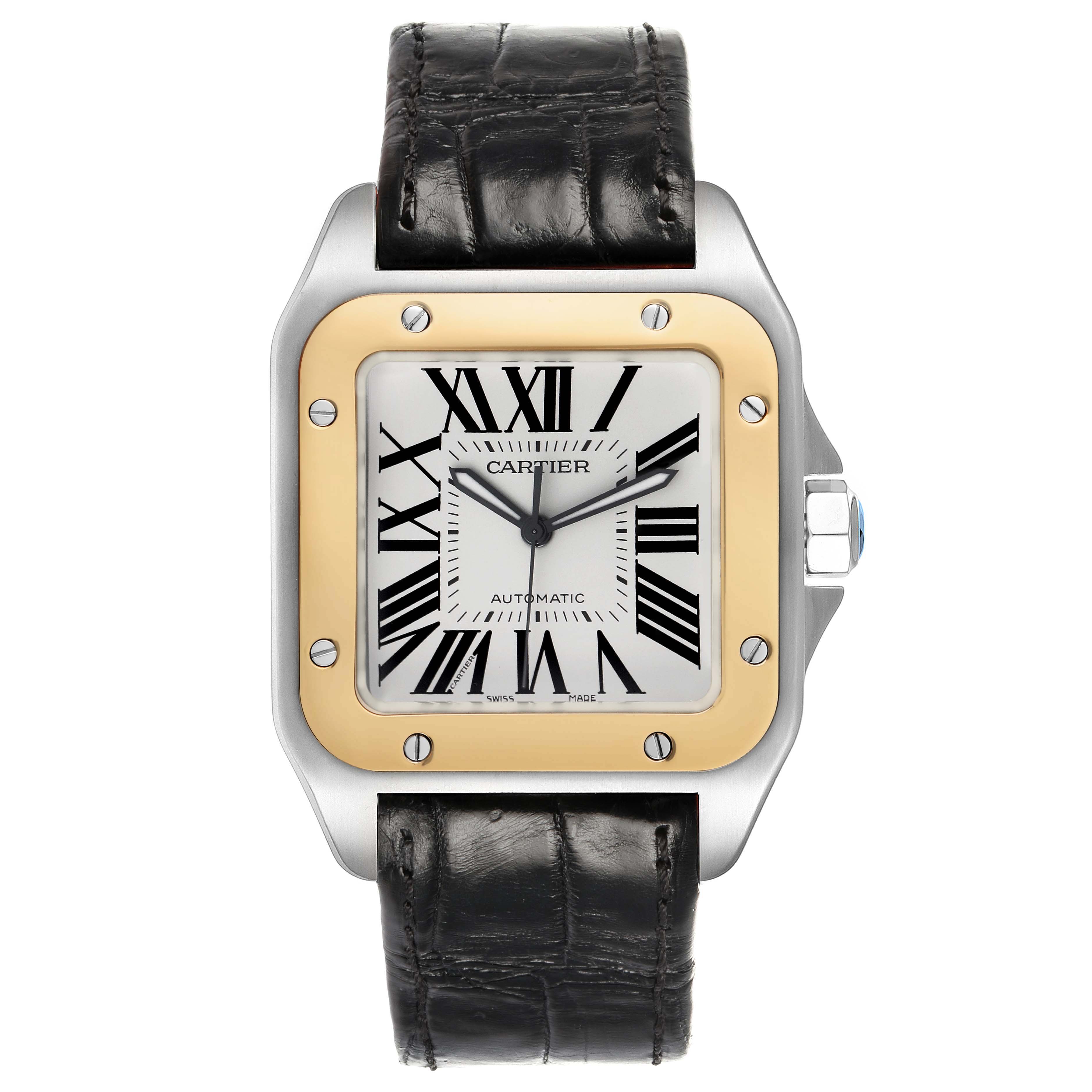 The Cartier Santos W20072X7 Men's Stainless Steel Silver Dial watch is shown from a front angle, displaying the face, bezel, and leather strap.