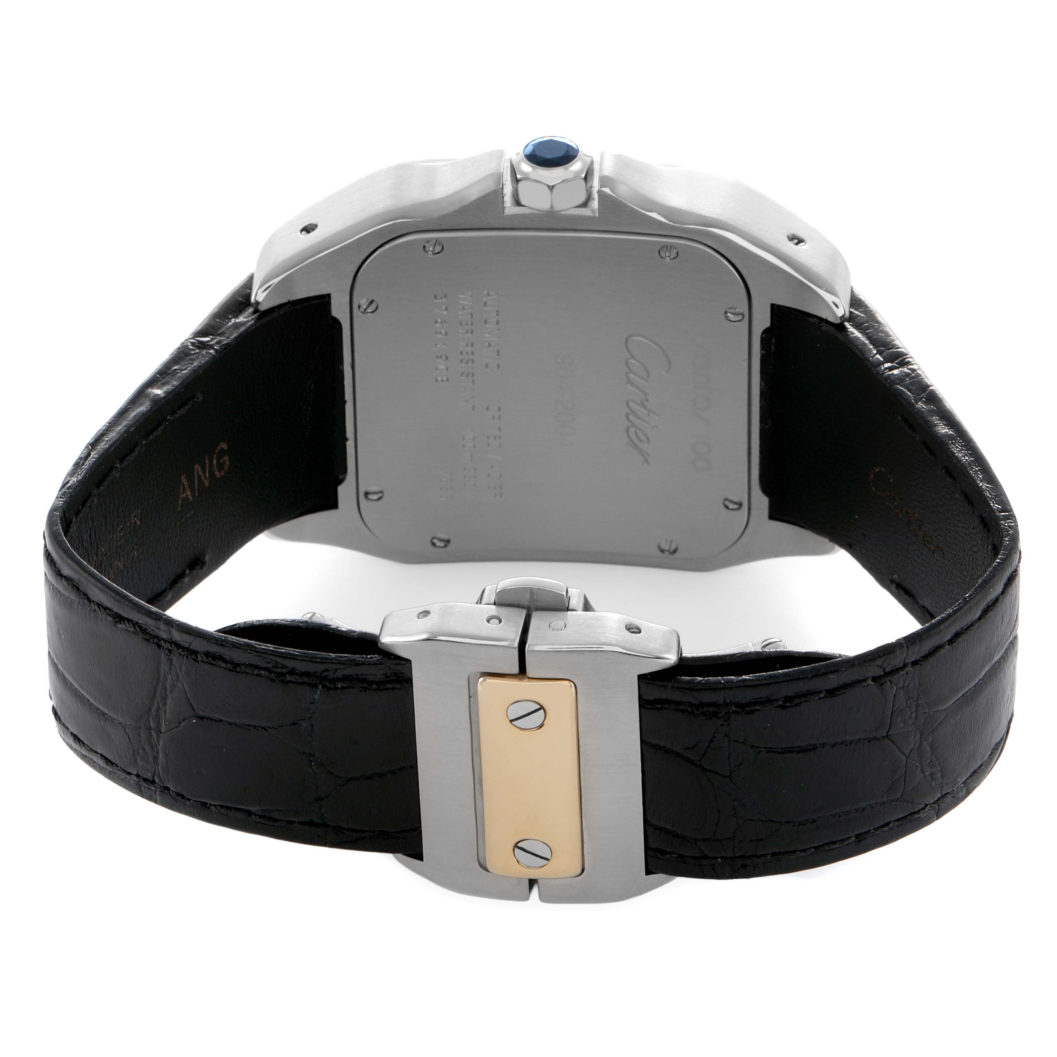 The image shows the back view of the Cartier Santos W20072X7 Men's Stainless Steel Silver Dial watch, highlighting the case, strap, clasp, and crown.