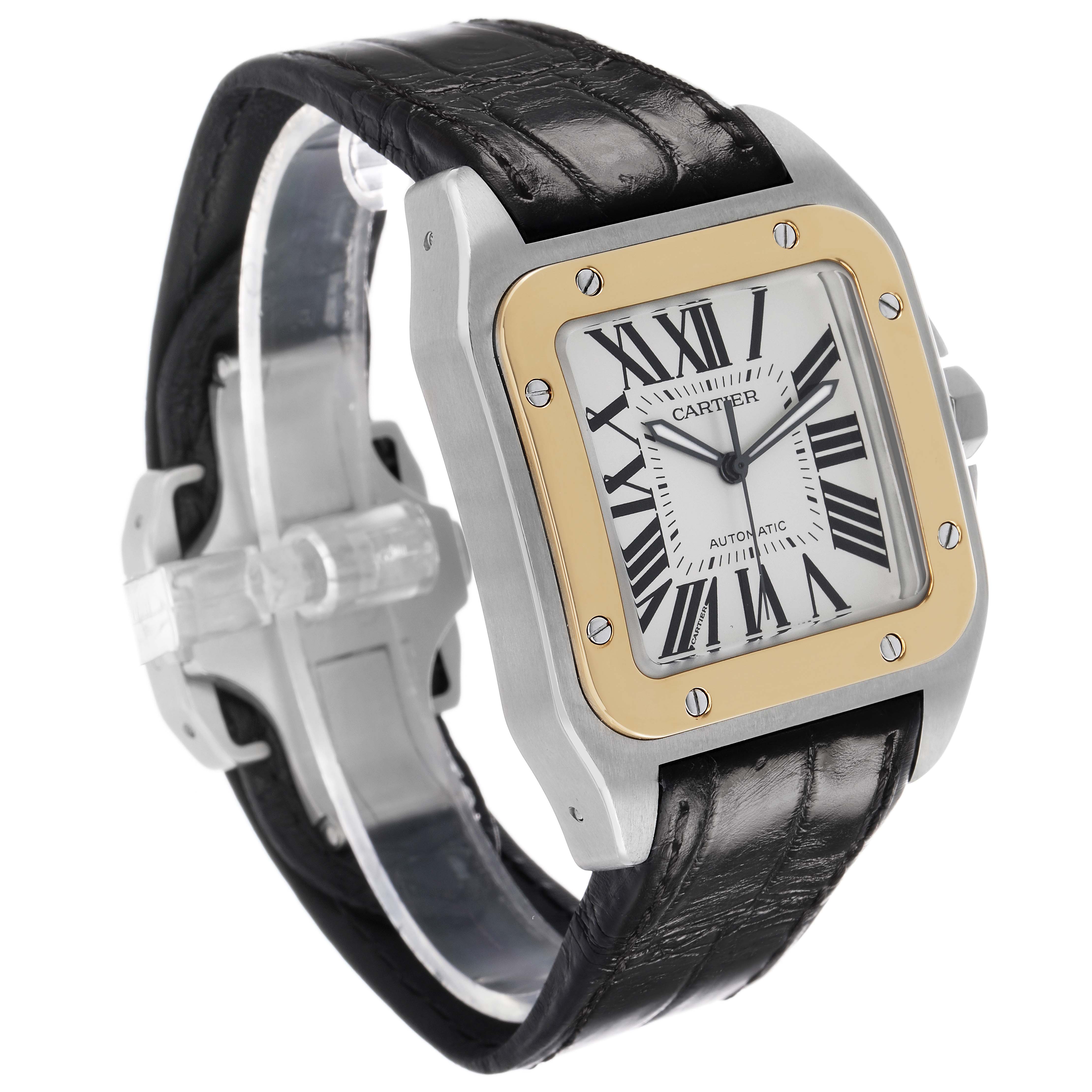The Cartier Santos W20072X7 Men's Stainless Steel Silver Dial watch is shown at an angled view, highlighting the gold bezel, black leather strap, and Roman numeral dial.