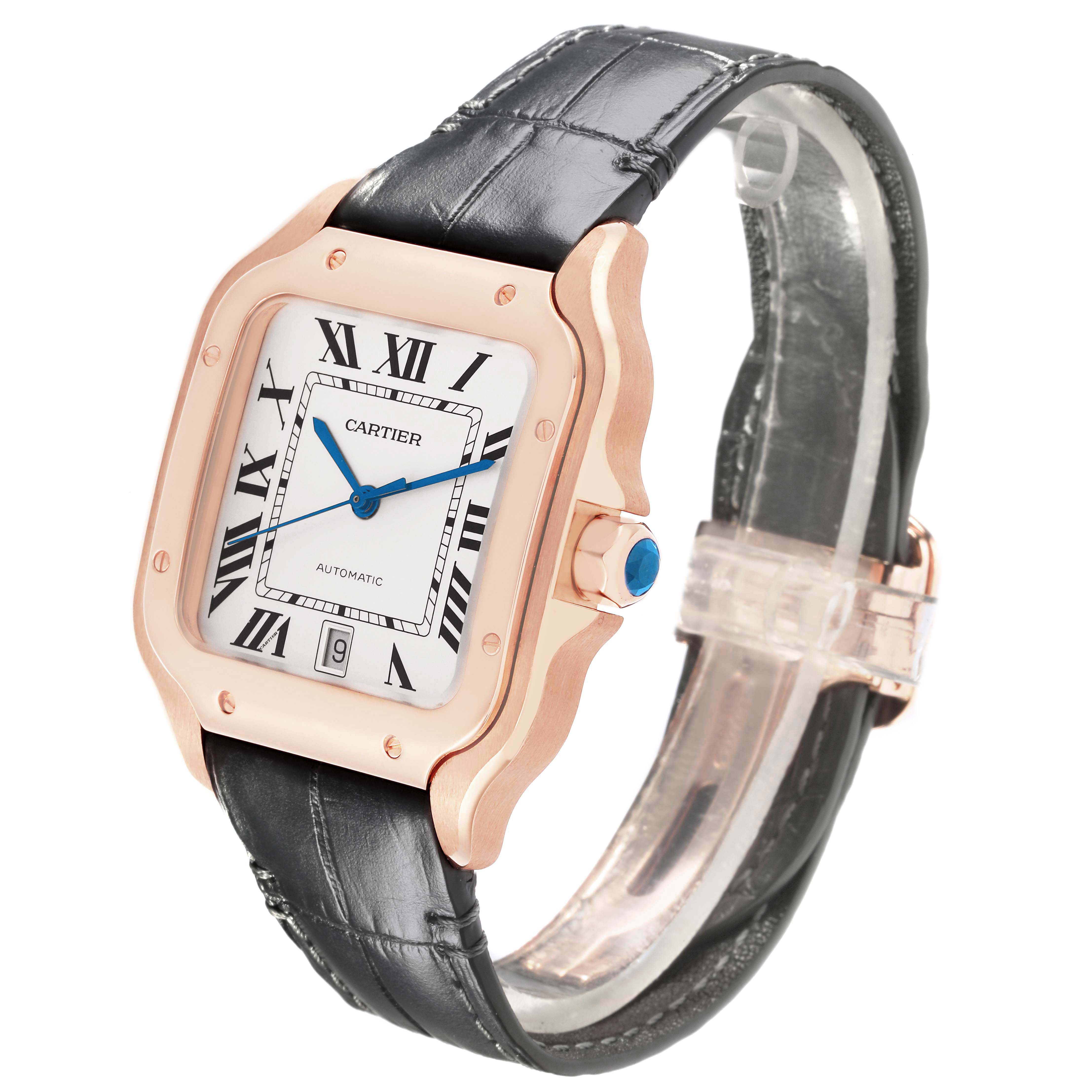 The image shows a Cartier Santos WGSA0011 Men's Rose Gold Silver Dial watch at a slight side angle displaying its face, bezel, strap, and crown.