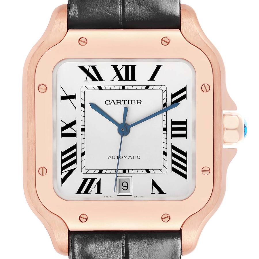 The image displays a front view of the Cartier Santos watch, showing its face, bezel, and part of the leather strap.