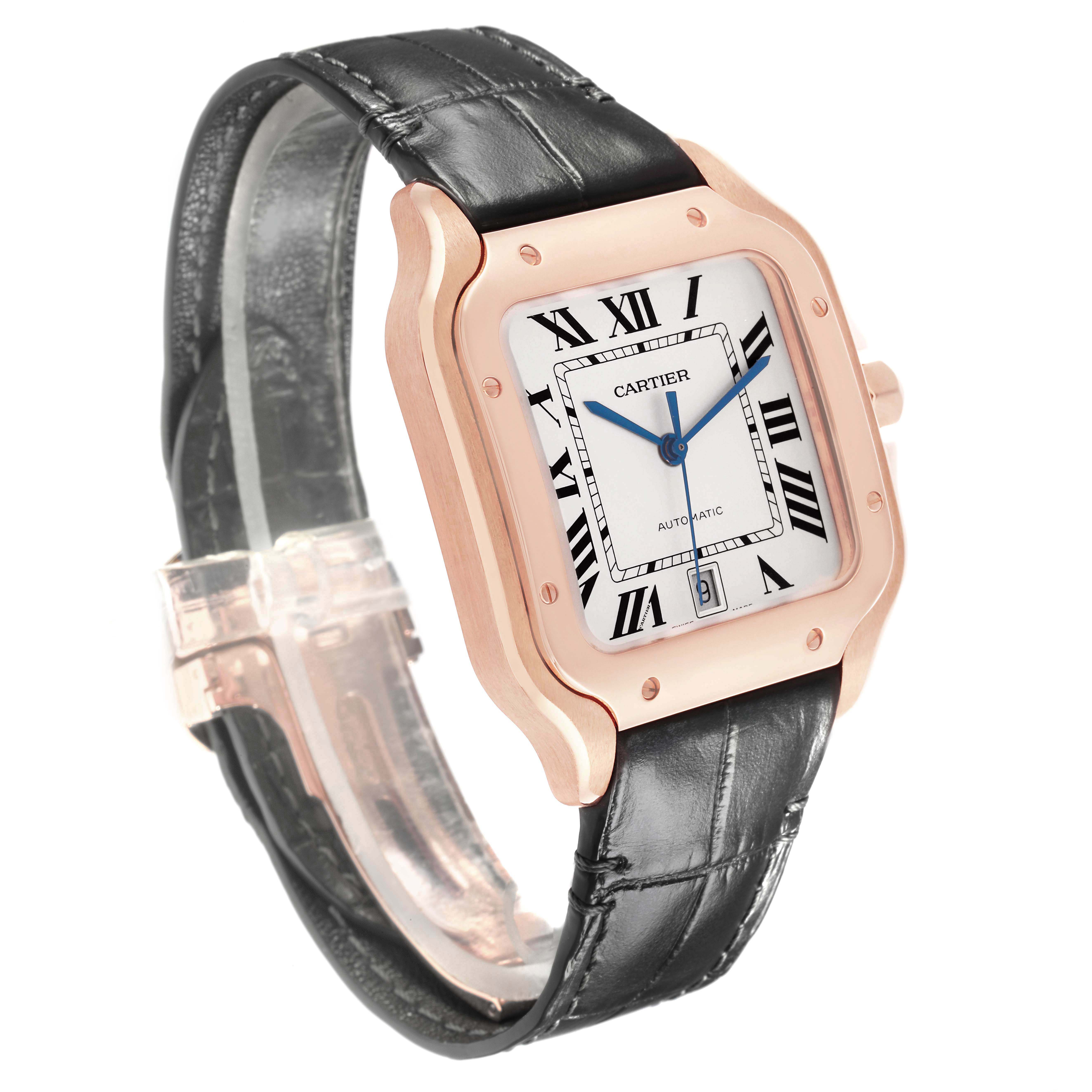 The Cartier Santos WGSA0011 Men's Rose Gold Silver Dial watch is shown at a three-quarter angle, displaying the case, bezel, dial, strap, and part of the clasp.