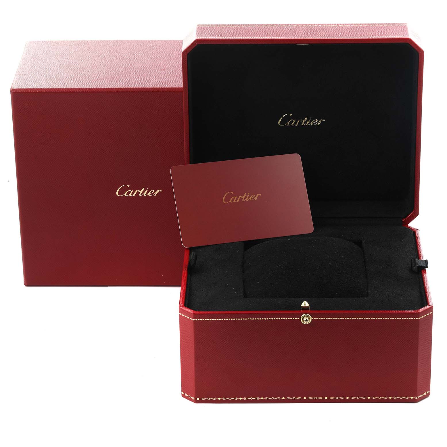 The image shows the red Cartier box and certificate card for the Santos model, with the box open and cushion visible.