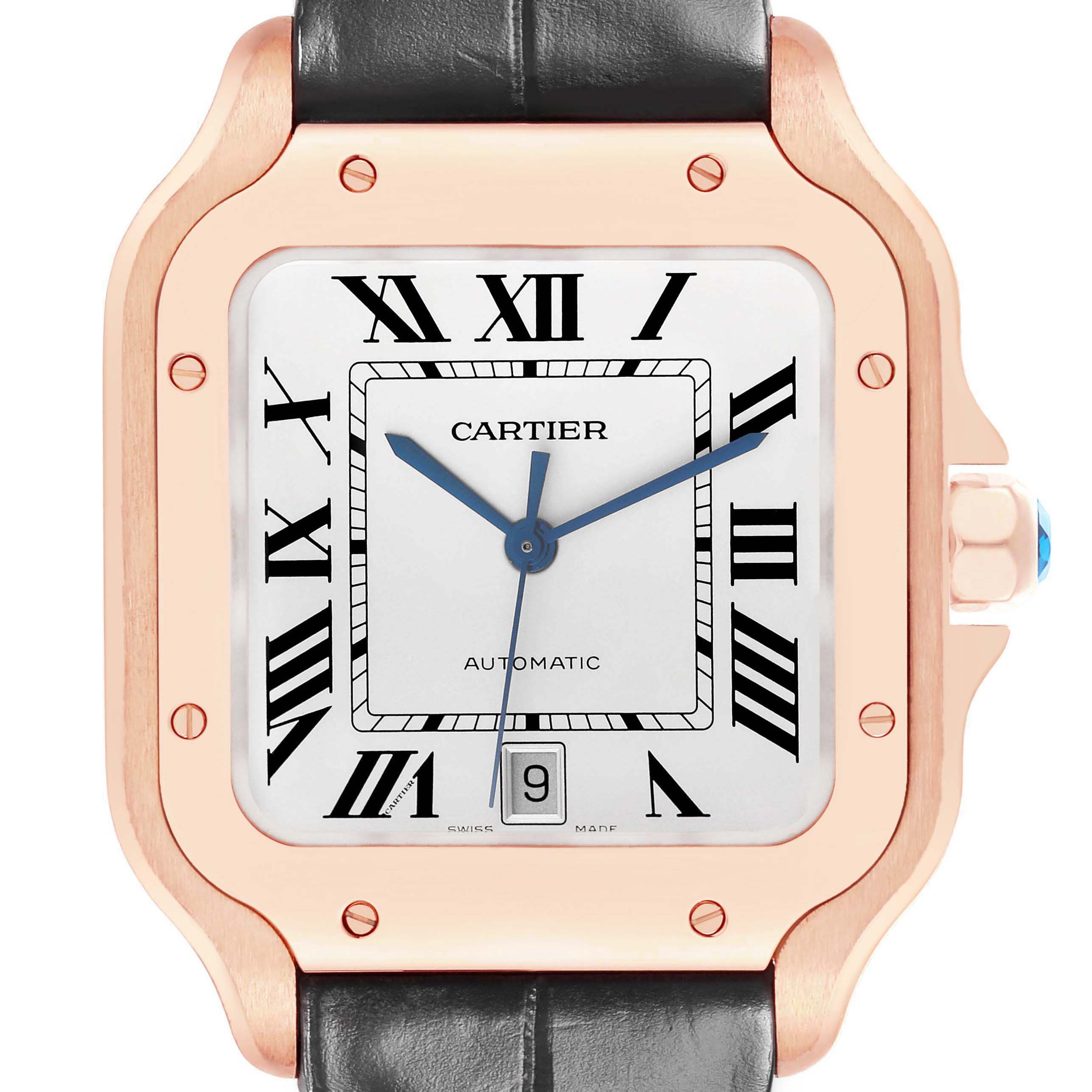 The Santos model by Cartier is shown from a front angle, highlighting its face, case, crown, and part of the leather strap.