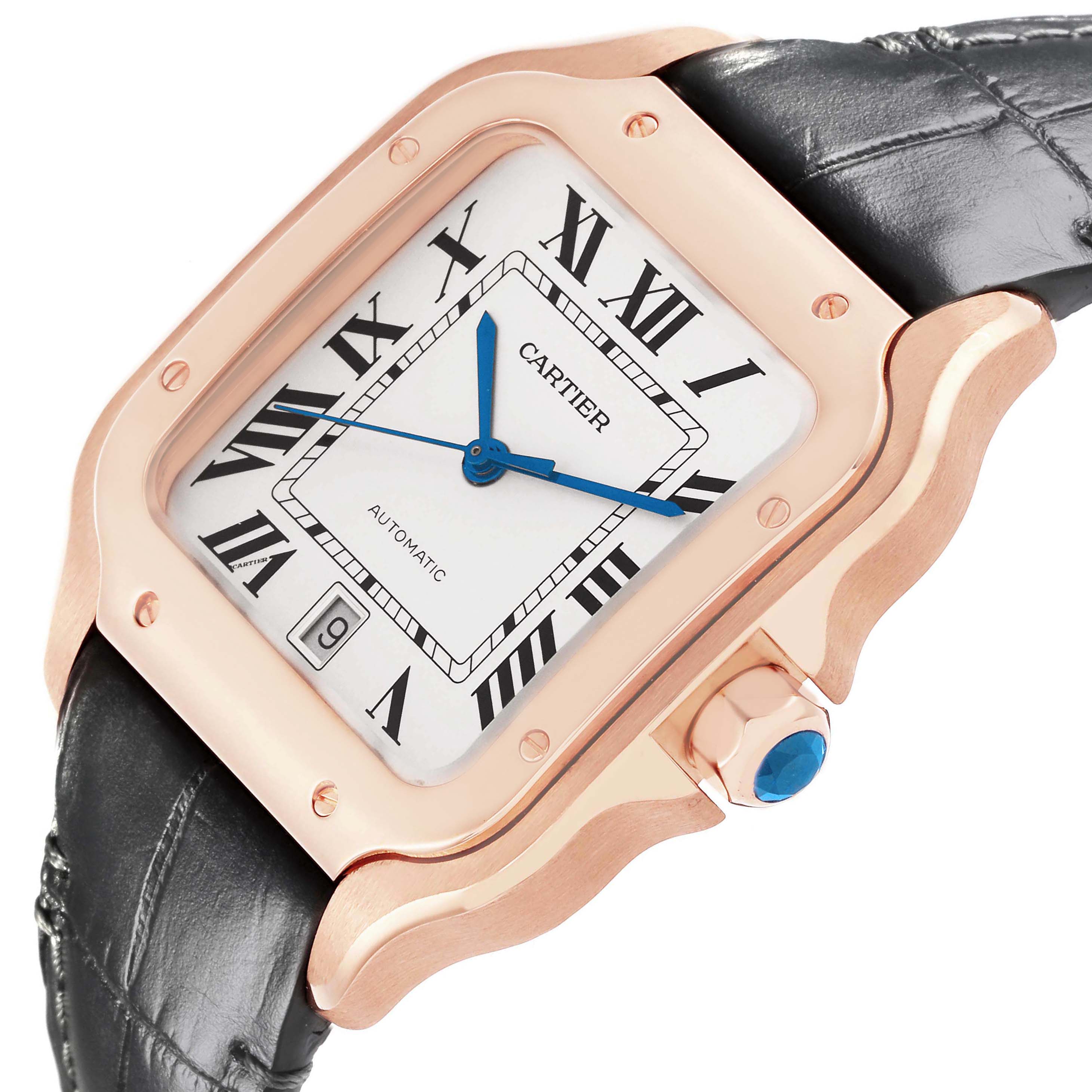 The Cartier Santos WGSA0011 Men's Rose Gold Silver Dial watch is shown at a three-quarter angle, highlighting its square face, Roman numerals, blue hands, and crown detail.