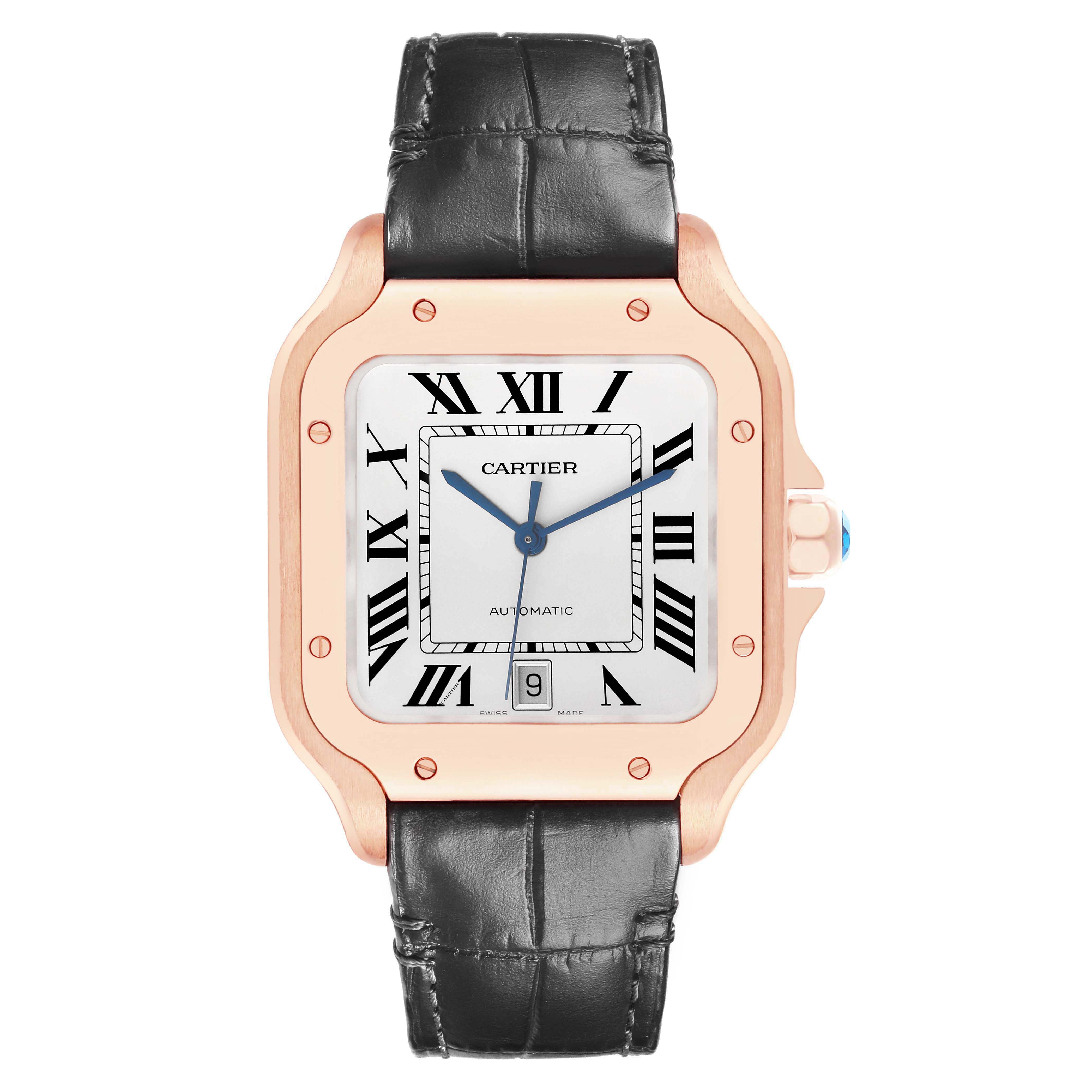 The Cartier Santos WGSA0011 Men's Rose Gold Silver Dial watch is shown from a front view, displaying its face, bezel, strap, and crown.