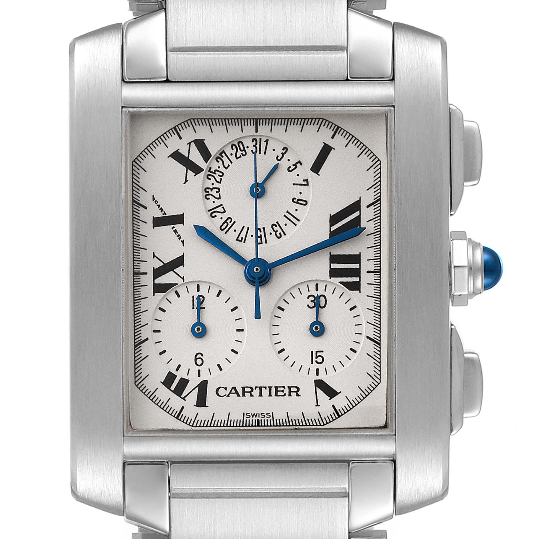 This is a close-up view of the Cartier Tank Francaise W51001Q3 Men's Stainless Steel Silver Dial W51001Q3 Men's Stainless Steel Silver Dial watch, showing the face, dials, and part of the metal bracelet.