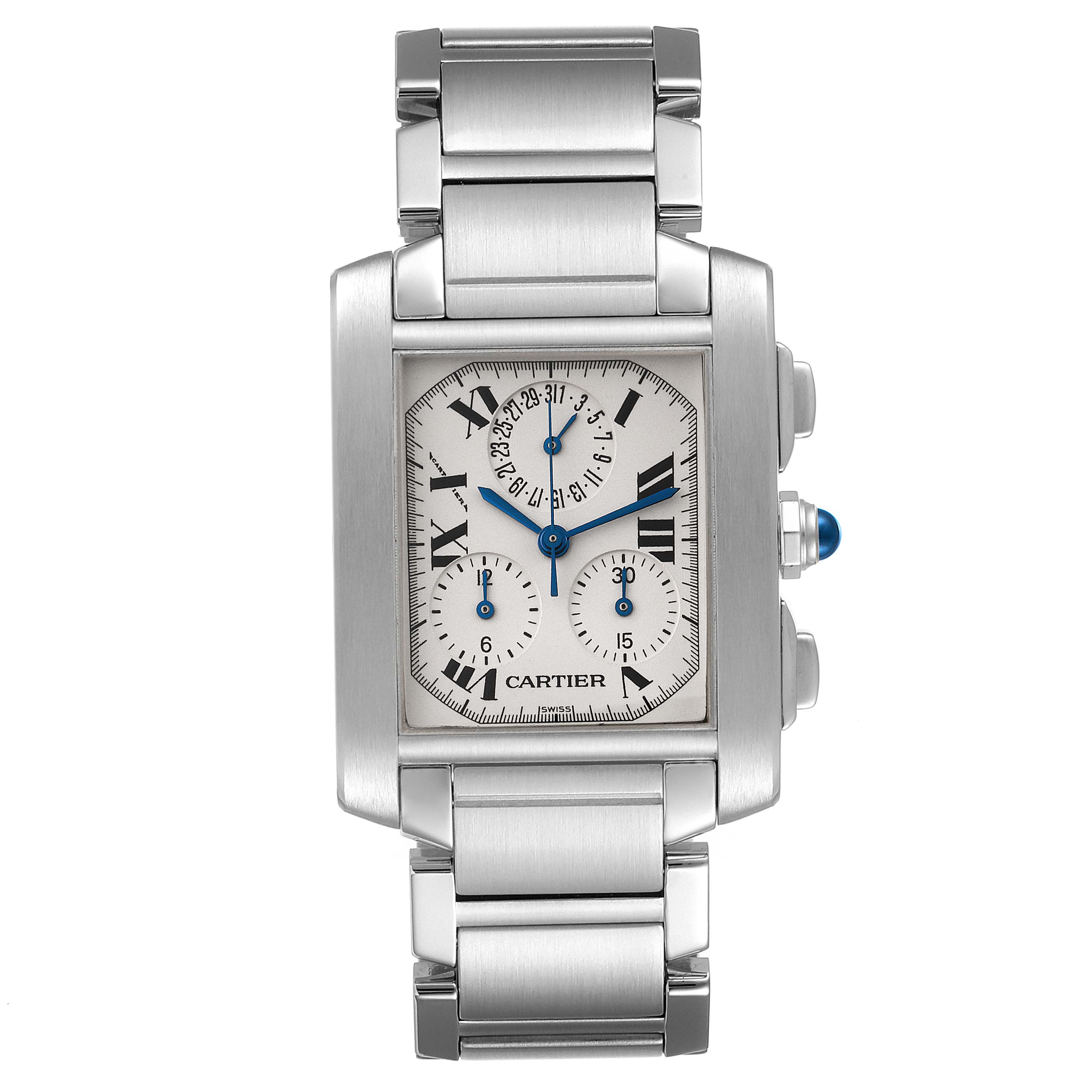 The Cartier Tank Francaise W51001Q3 Men's Stainless Steel Silver Dial W51001Q3 Men's Stainless Steel Silver Dial watch is shown from a top-down angle, highlighting its face, dial, and bracelet.