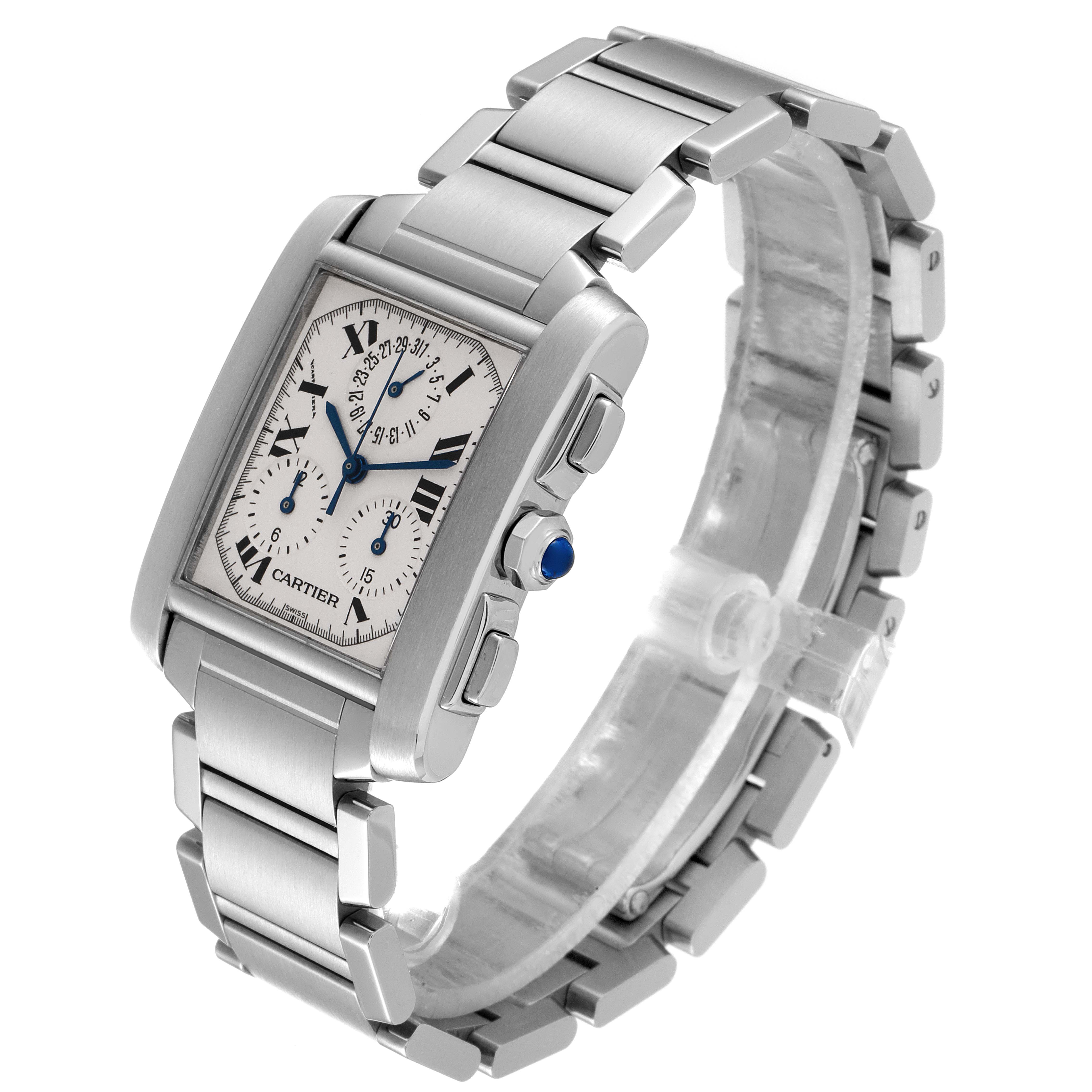 The image shows a Cartier Tank Francaise W51001Q3 Men's Stainless Steel Silver Dial W51001Q3 Men's Stainless Steel Silver Dial watch from an angled view, displaying its bracelet, rectangular face, and side buttons.