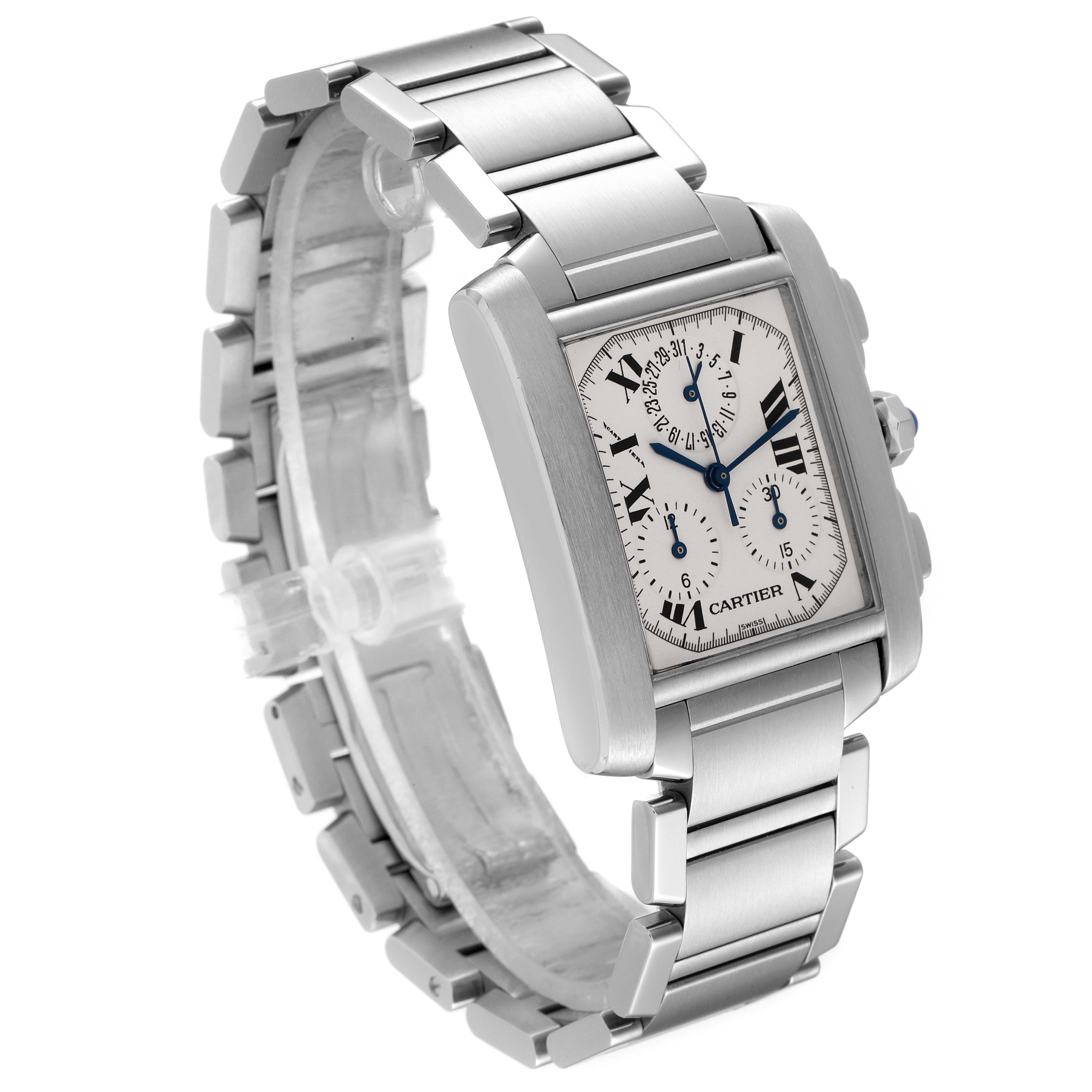 The image shows a Cartier Tank Francaise W51001Q3 Men's Stainless Steel Silver Dial W51001Q3 Men's Stainless Steel Silver Dial watch at an angle highlighting its rectangular face and metal bracelet.