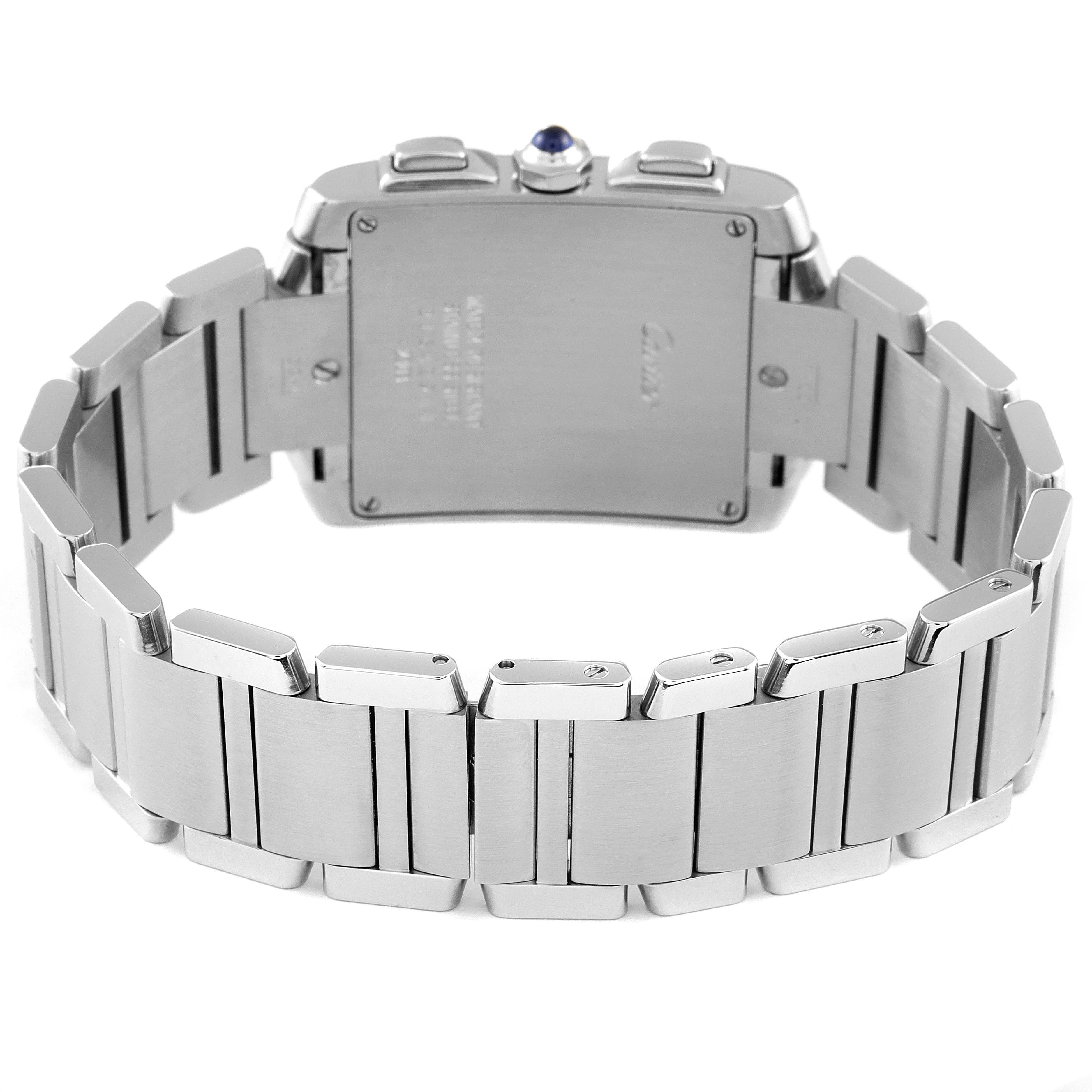 This image shows the back view of a Cartier Tank Francaise W51001Q3 Men's Stainless Steel Silver Dial W51001Q3 Men's Stainless Steel Silver Dial watch, focusing on the case back and stainless steel bracelet.