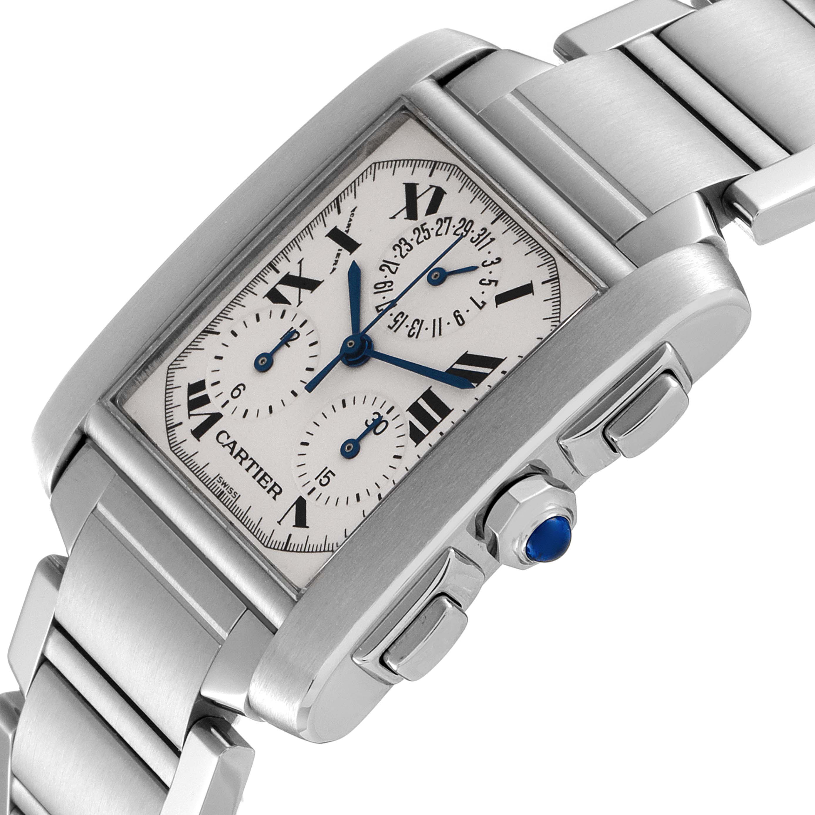The image shows a close-up side view of a Cartier Tank Francaise W51001Q3 Men's Stainless Steel Silver Dial W51001Q3 Men's Stainless Steel Silver Dial watch, highlighting the face, crown, and part of the bracelet.