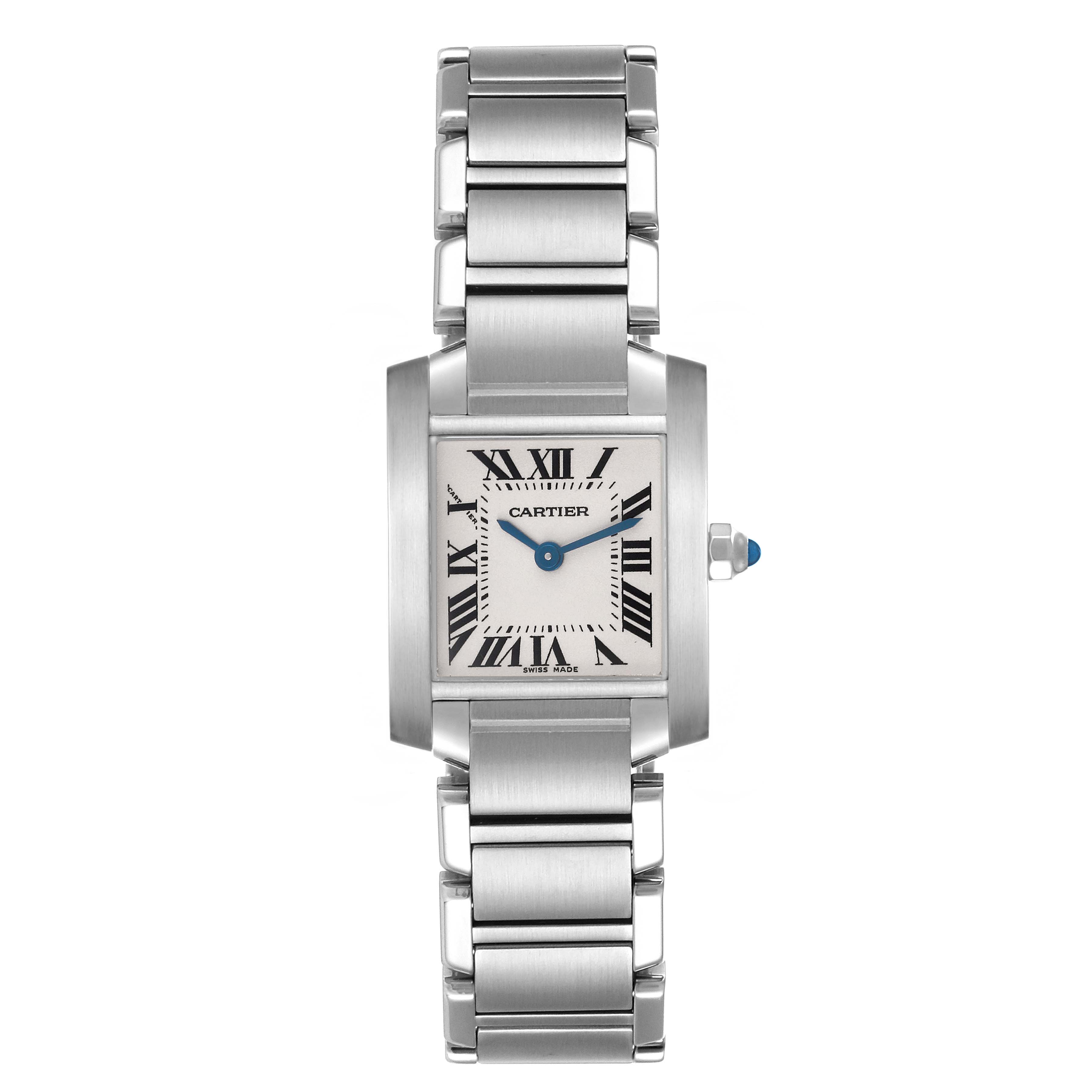 The Cartier Tank Francaise W51008Q3 Women
s Stainless Steel Silver Dial W51008Q3 Women
s Stainless Steel Silver Dial watch is shown from a front view, displaying the face, bracelet, and crown.