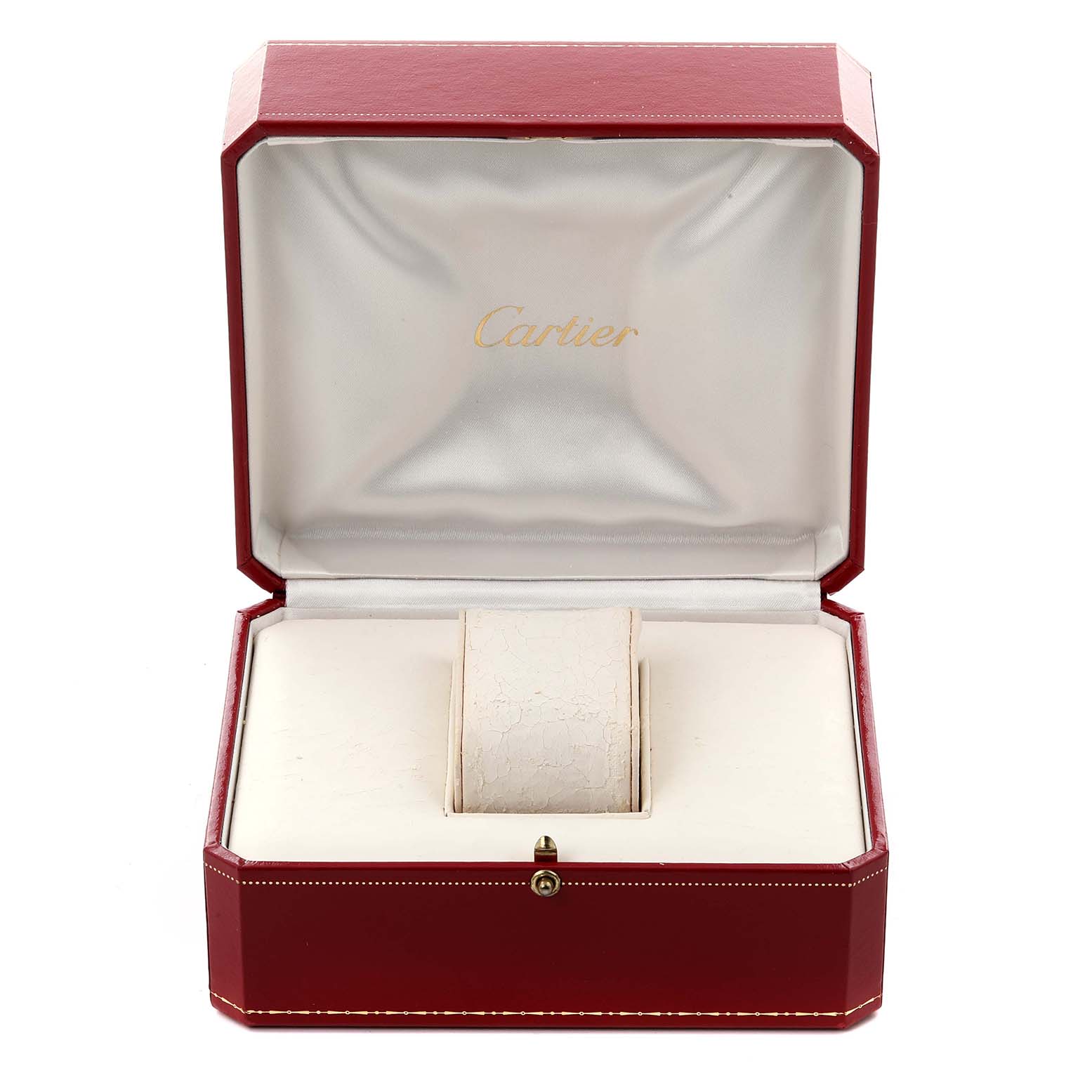 The image shows an open Cartier Tank Française watch box with a padded interior, viewed from the front.