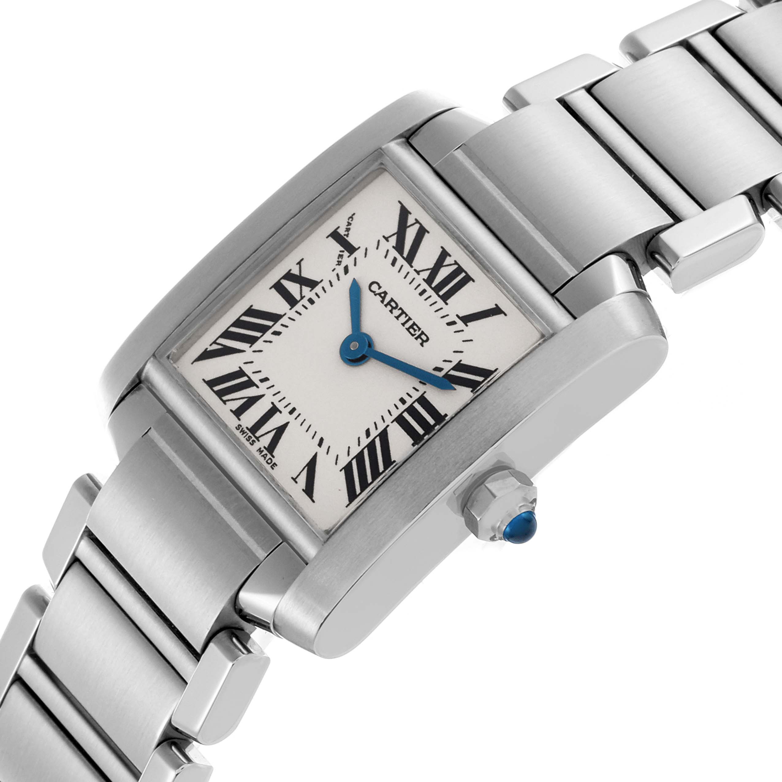 The Cartier Tank Française watch is shown at a tilted angle, highlighting the rectangular case, dial, and metal bracelet.
