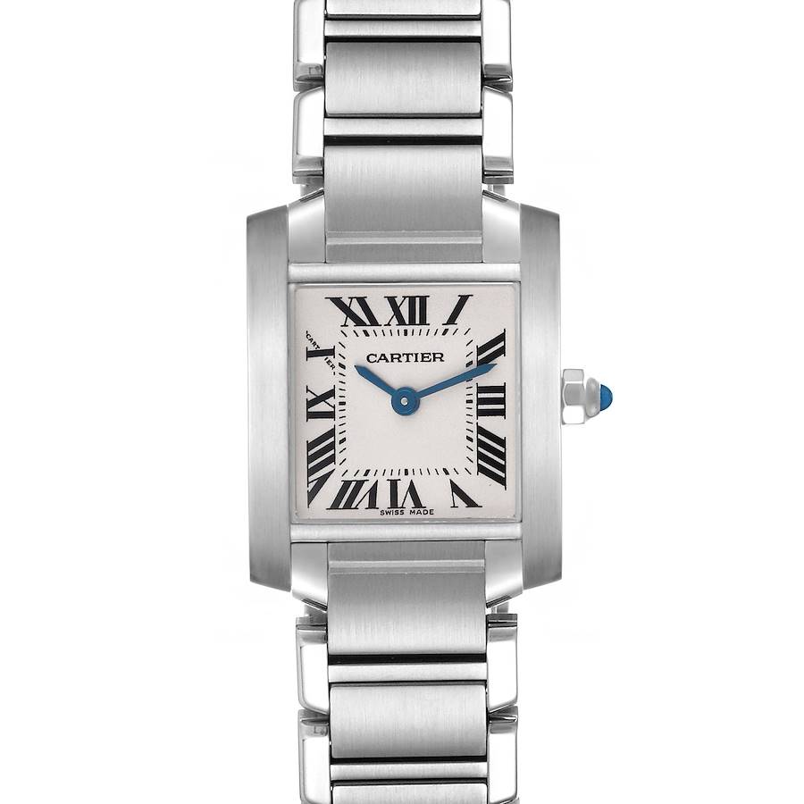 The Cartier Tank Française watch is shown from the front, highlighting its face, bracelet, and crown.