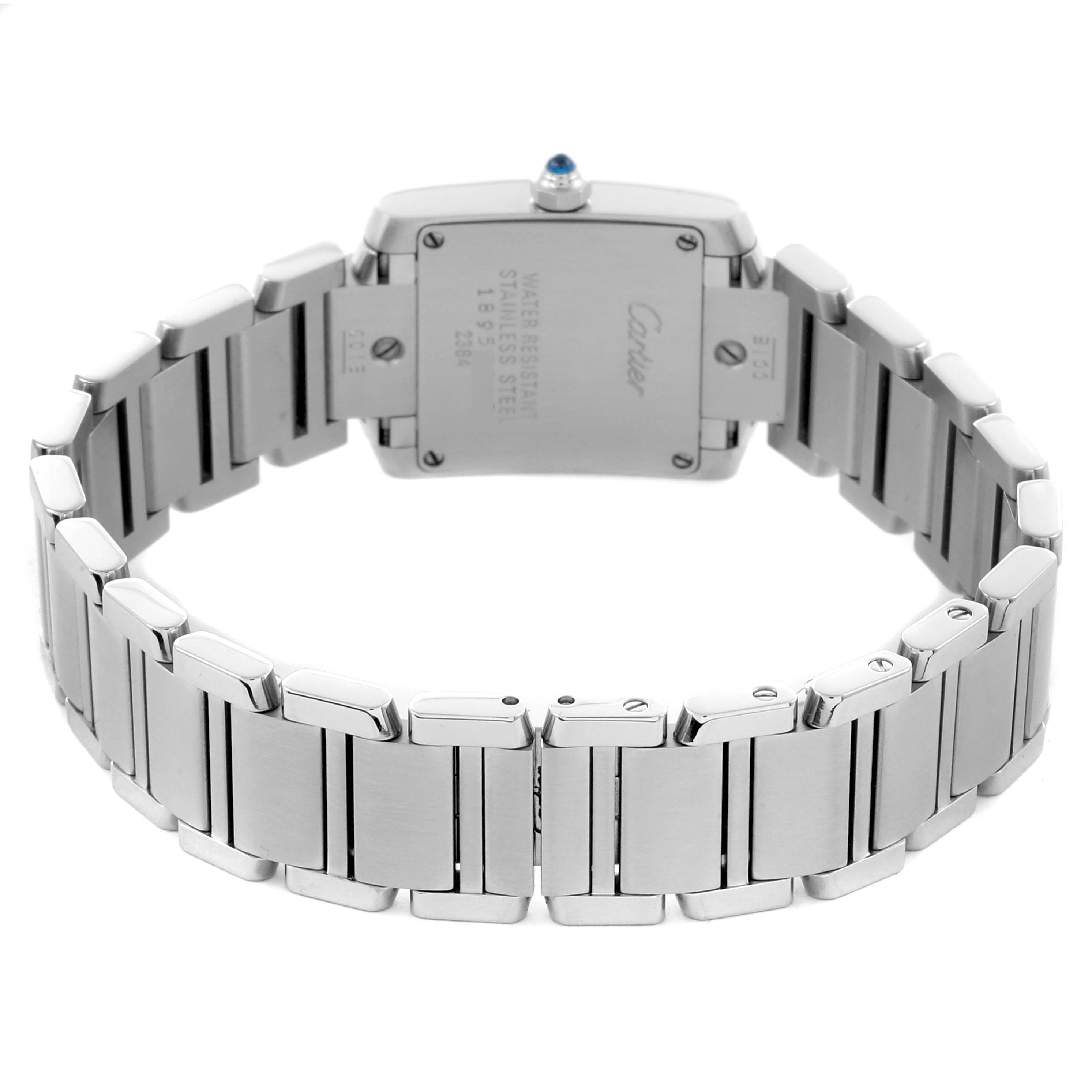 The Cartier Tank Française watch is shown from the back angle, highlighting its stainless steel bracelet and case.