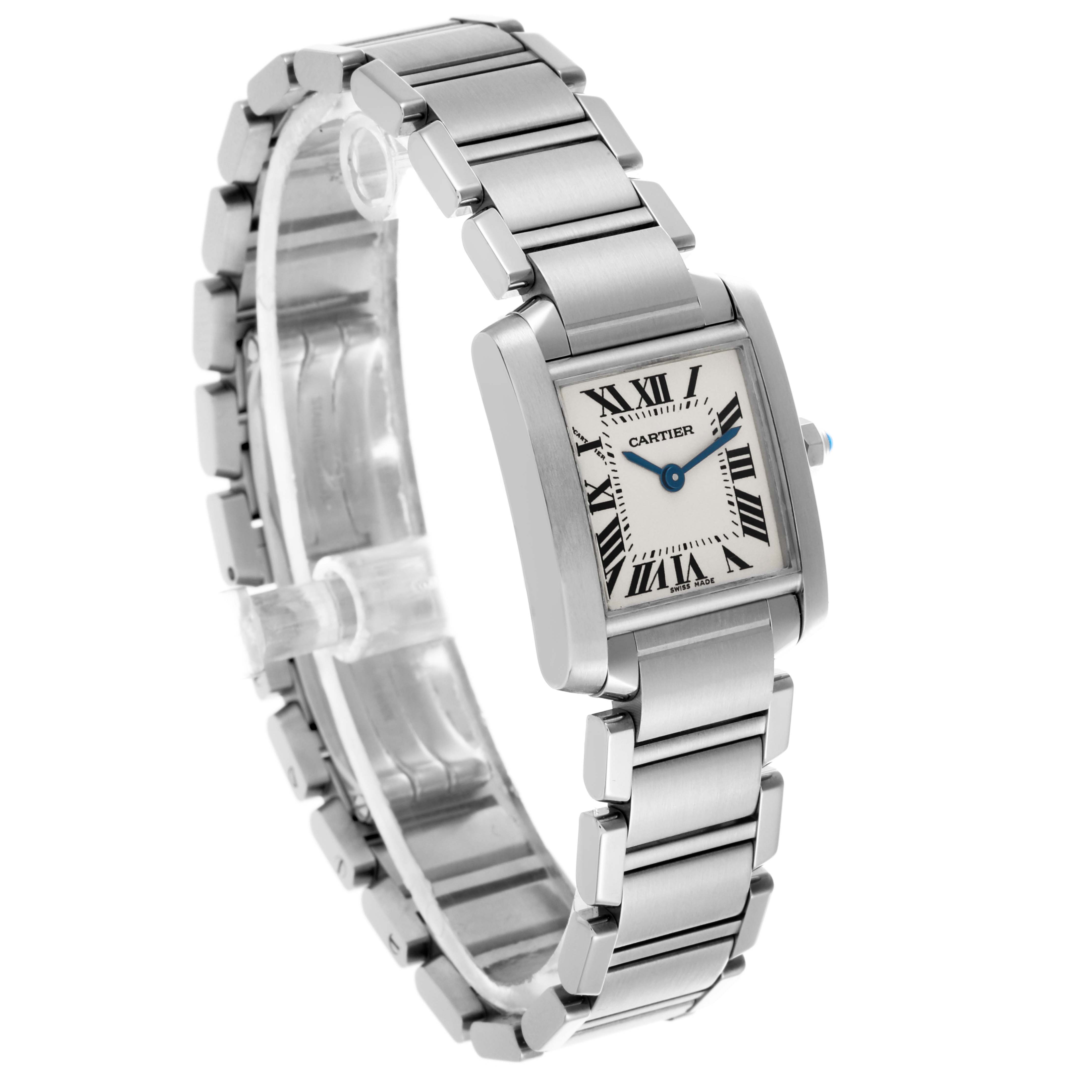 The Cartier Tank Française watch is shown in a three-quarter angle view, highlighting its face and metal bracelet.