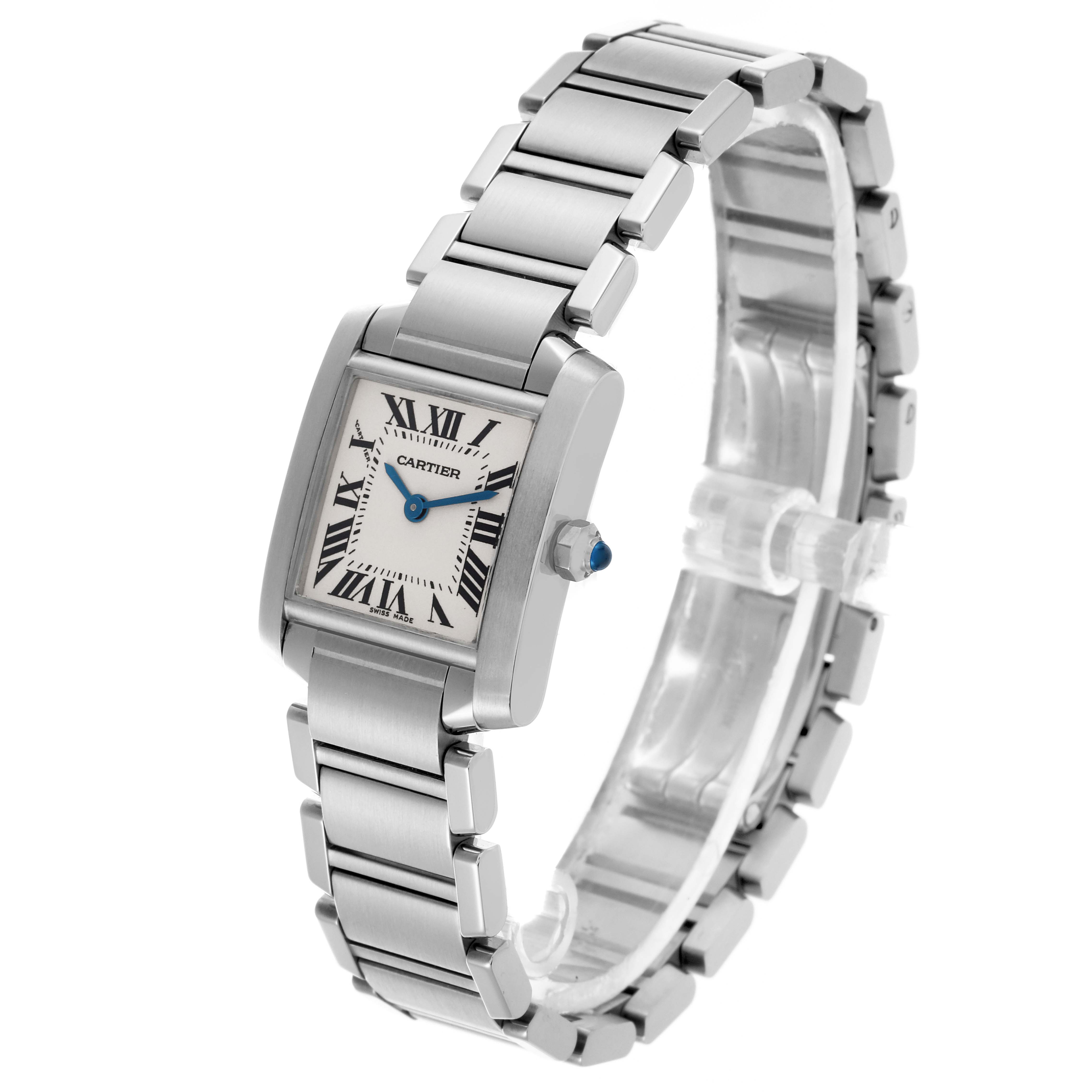 The Cartier Tank Française watch is shown at a three-quarter angle, highlighting the face, bracelet, and crown.