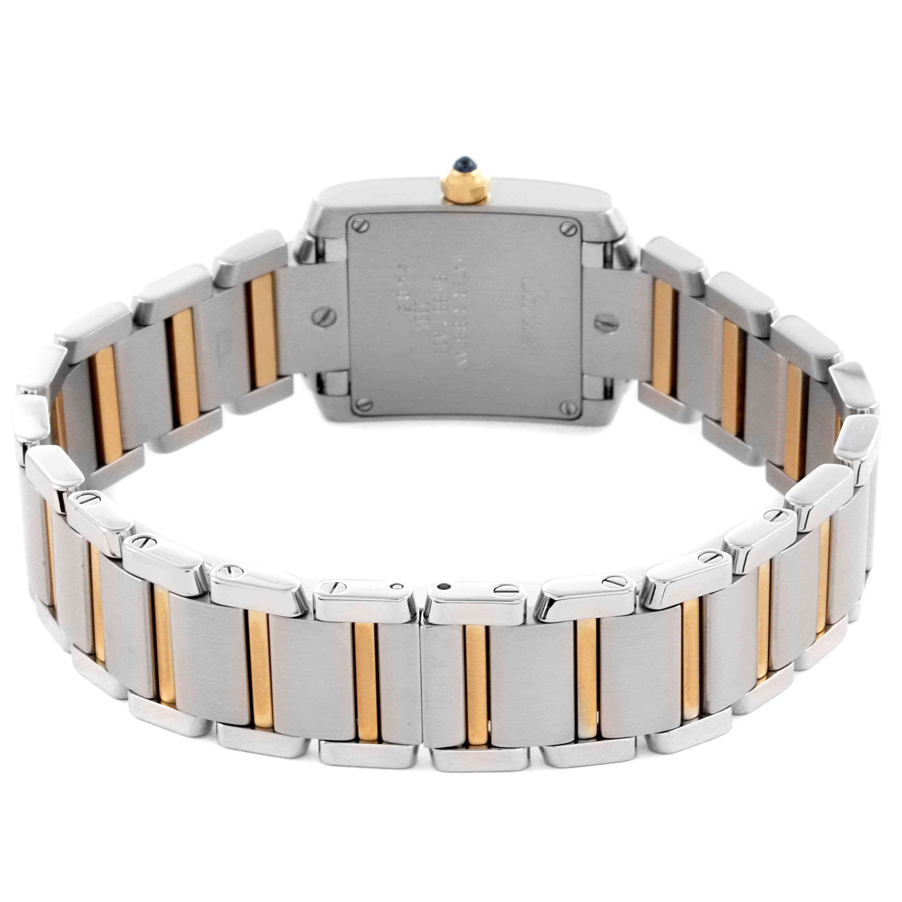 The Cartier Tank Française watch is shown from the rear, highlighting the case back and metal bracelet.