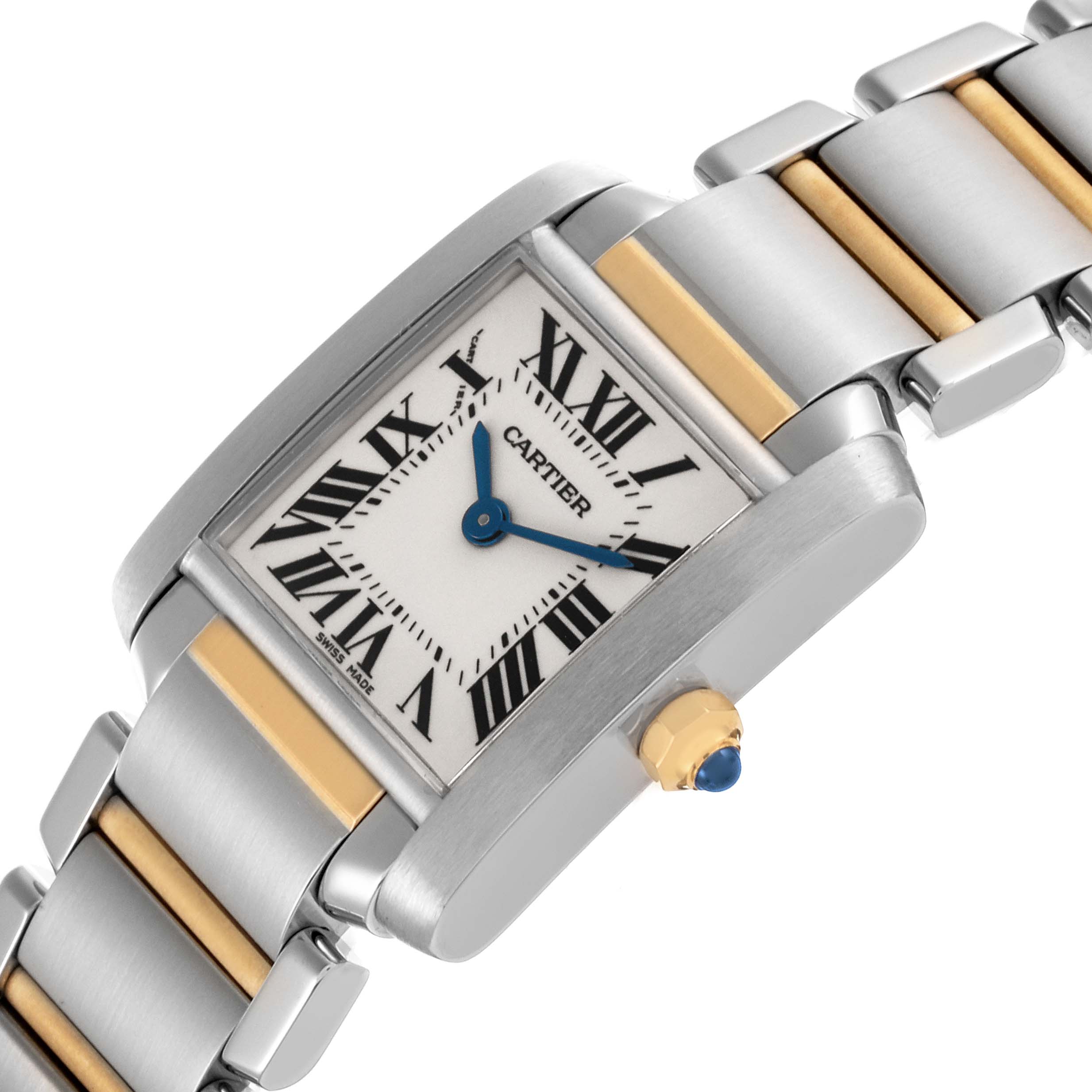 The Cartier Tank Francaise W51007Q4 Women's Steel and Gold (two tone) Silver Dial W51007Q4 Women's Steel and Gold (two tone) Silver Dial watch is shown at an angled view displaying the face, crown with a blue cabochon, and part of the bracelet.