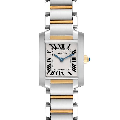 The Cartier Tank Française watch is shown from the front, displaying its square face, Roman numerals, and two-tone metal bracelet.