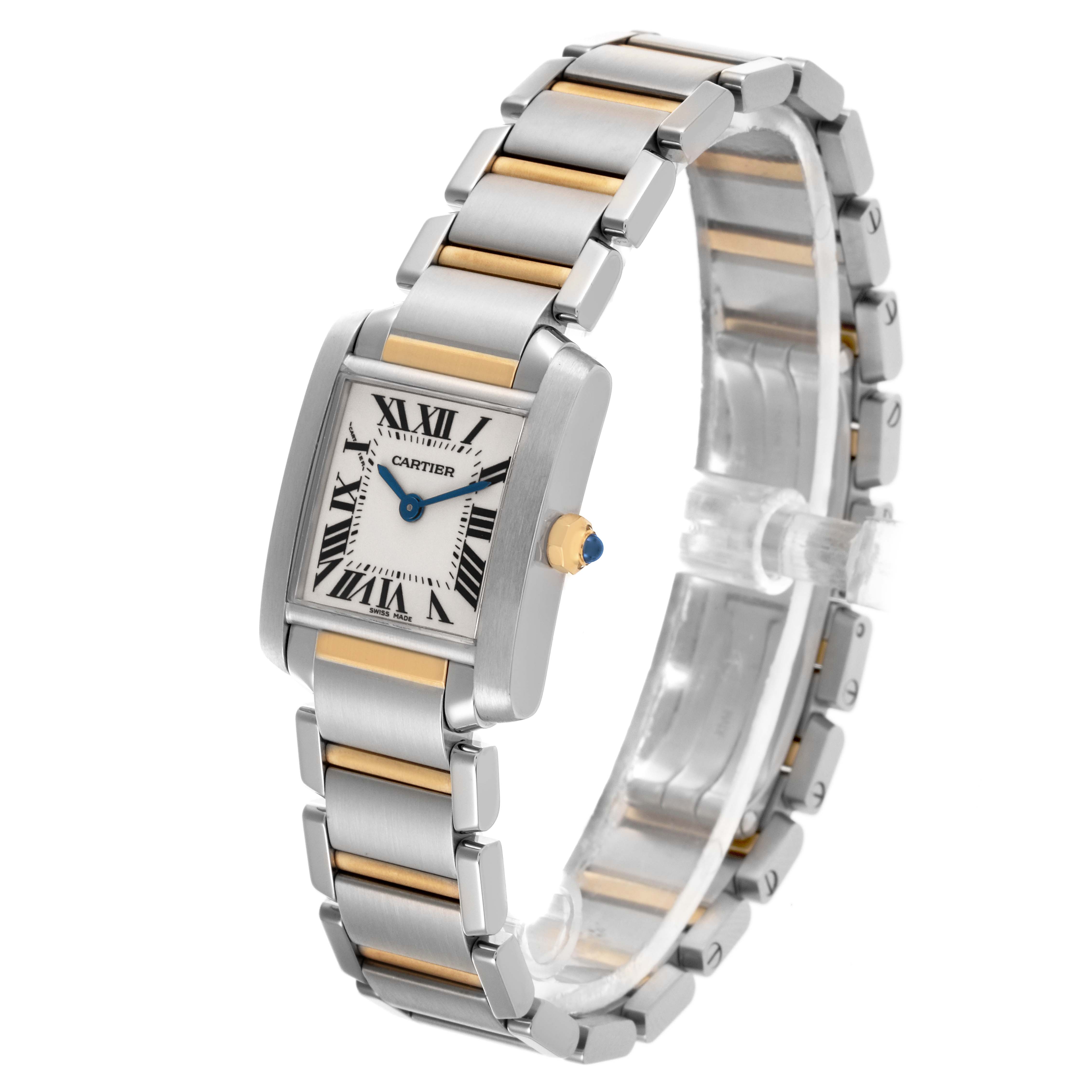 The Cartier Tank Française watch is shown at a three-quarter angle, highlighting the face and bracelet.